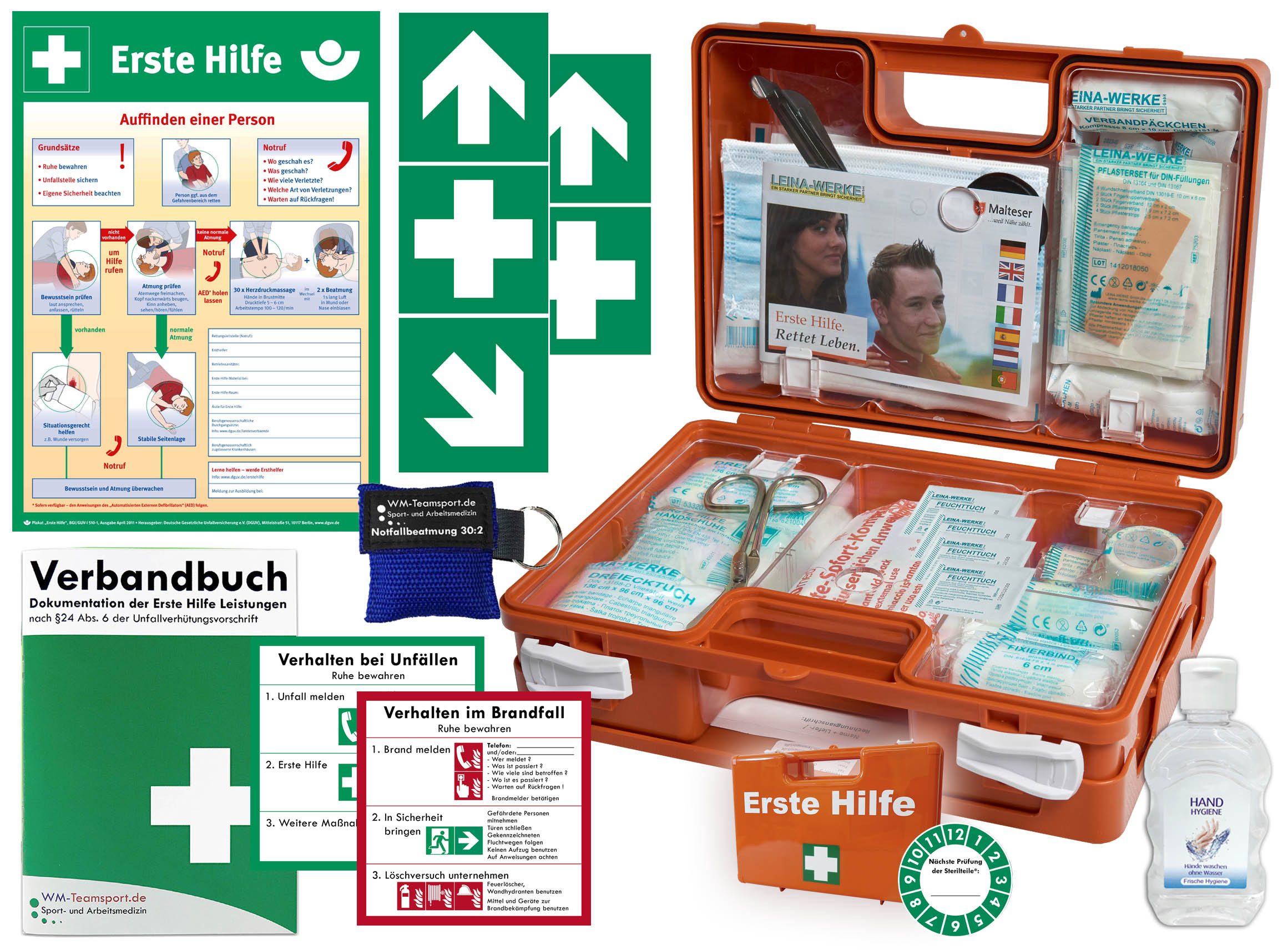 WM-Teamsport Erste-Hilfe-Koffer 1. Hilfe Koffer (K) DIN 13157 + Hygiene-Gel, Beatmung + Komplettpaket