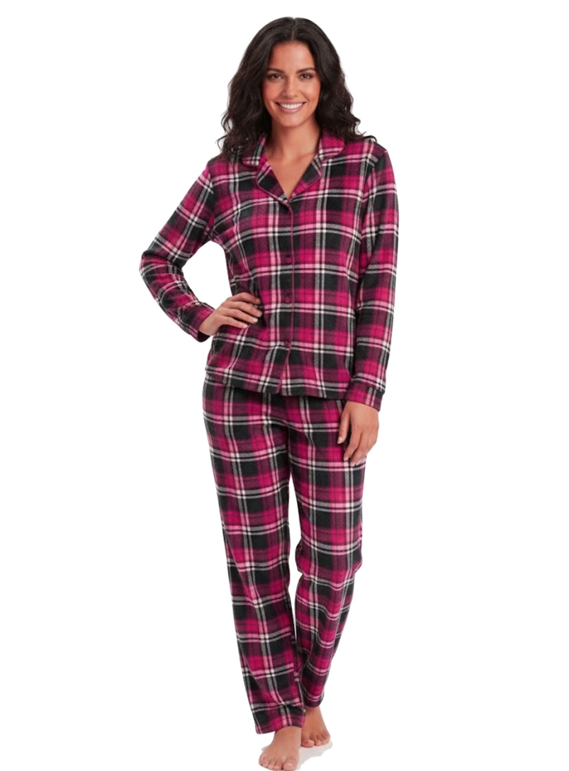 Cocain underwear Schlafanzug Damen Flauschpyjama Langarm garngefärbtes Karodesign mit Knopfleiste flauschig weich & warm