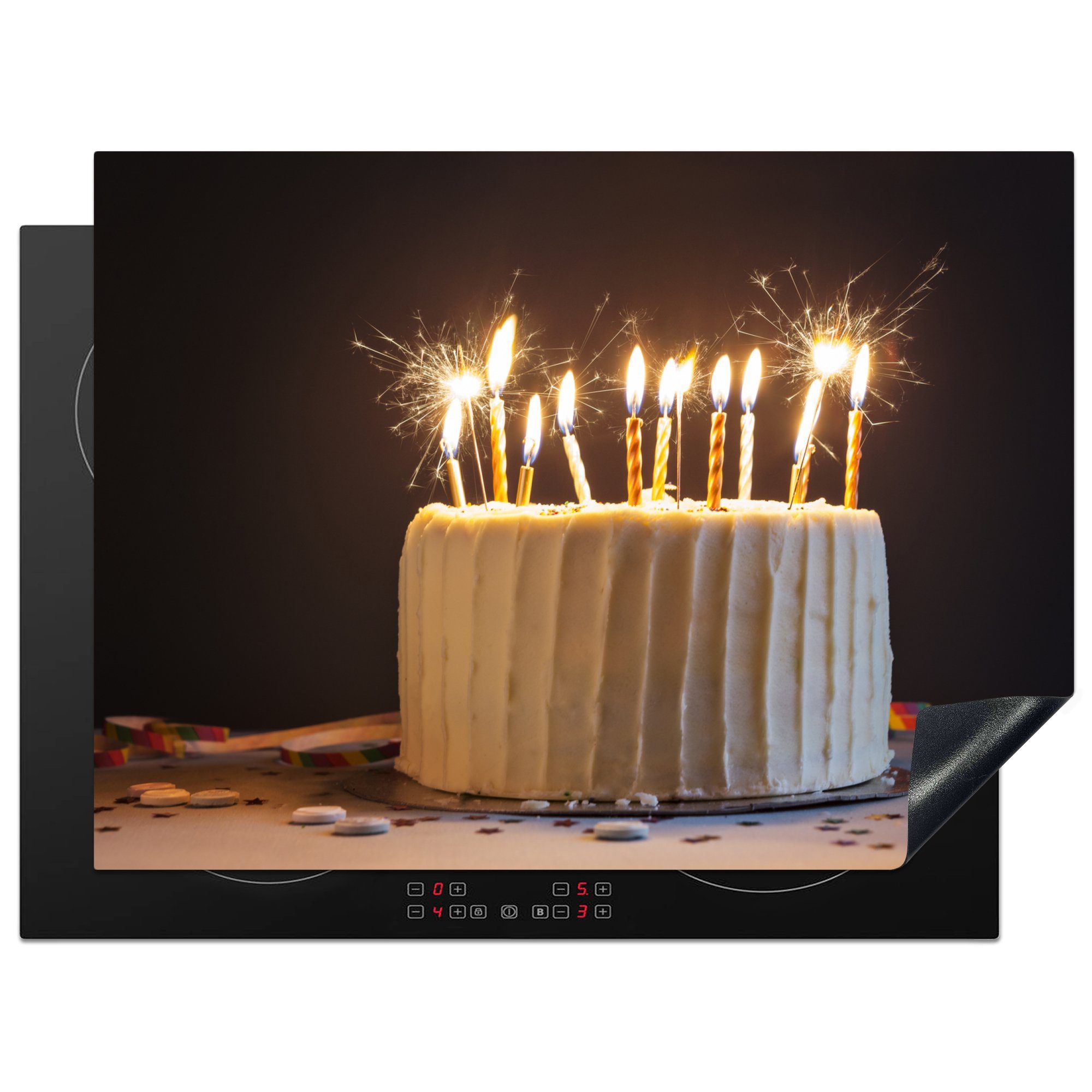 MuchoWow Herdblende-/Abdeckplatte Geburtstagskuchen mit Kerzen, Vinyl, (1 tlg), 70x52 cm, Mobile Arbeitsfläche nutzbar, Ceranfeldabdeckung