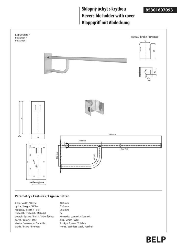 BRILLANTBAD® Stützklappgriff BELP Stützklappgriff Eisen Weiß mit Abdeckung für Bad & WC >> Bohren