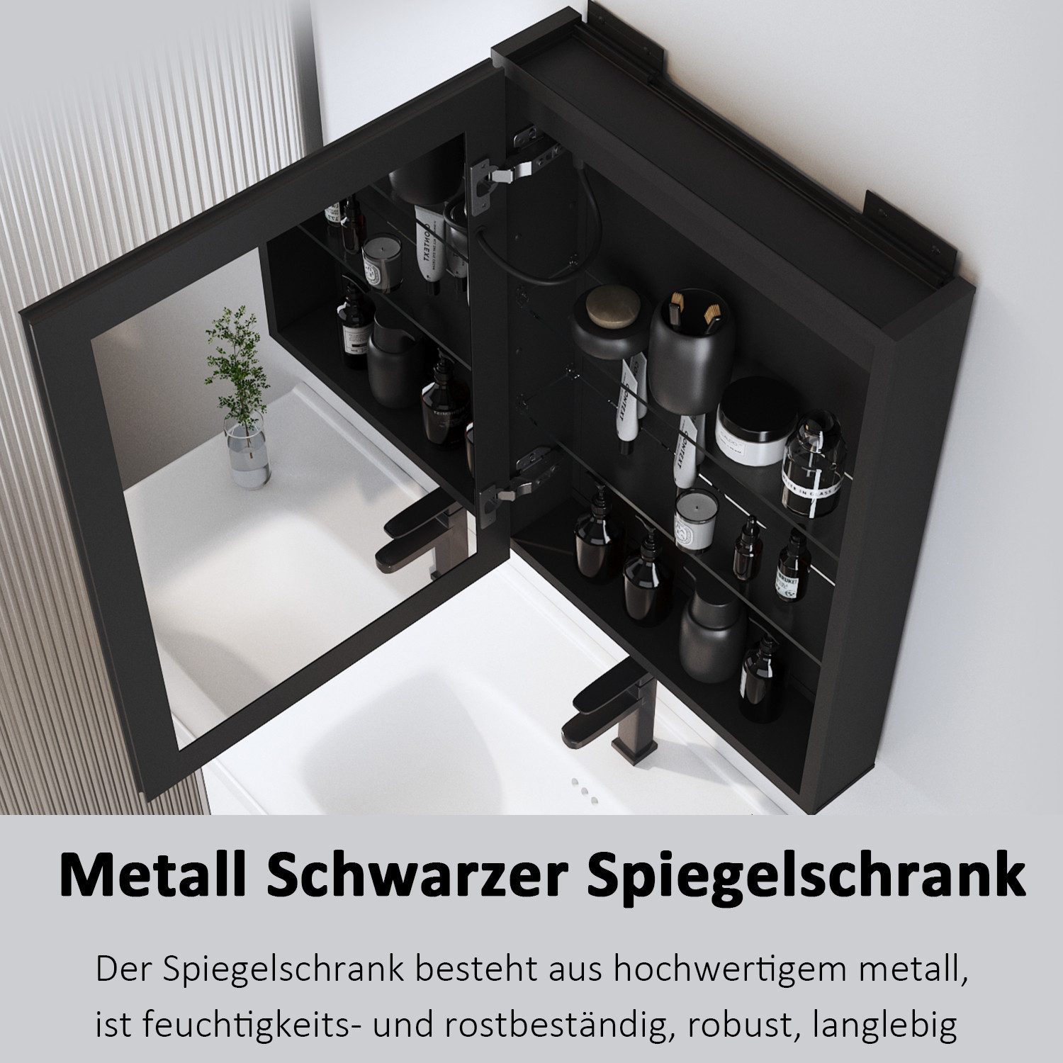 WDWRITTI Spiegelschrank Bad mit Beleuchtung Badezimmerspiegelschrank LED 50x70 40x60cm (Badezimmer Schrank Schwarz, 2Touch, Anti-fog, 3Lichtmodi, Dimmbar, Speicherfunktion, Alu-Schranktür, Doppelseitiger Spiegel) Verstellbare Glasböden, mit Netzadapter