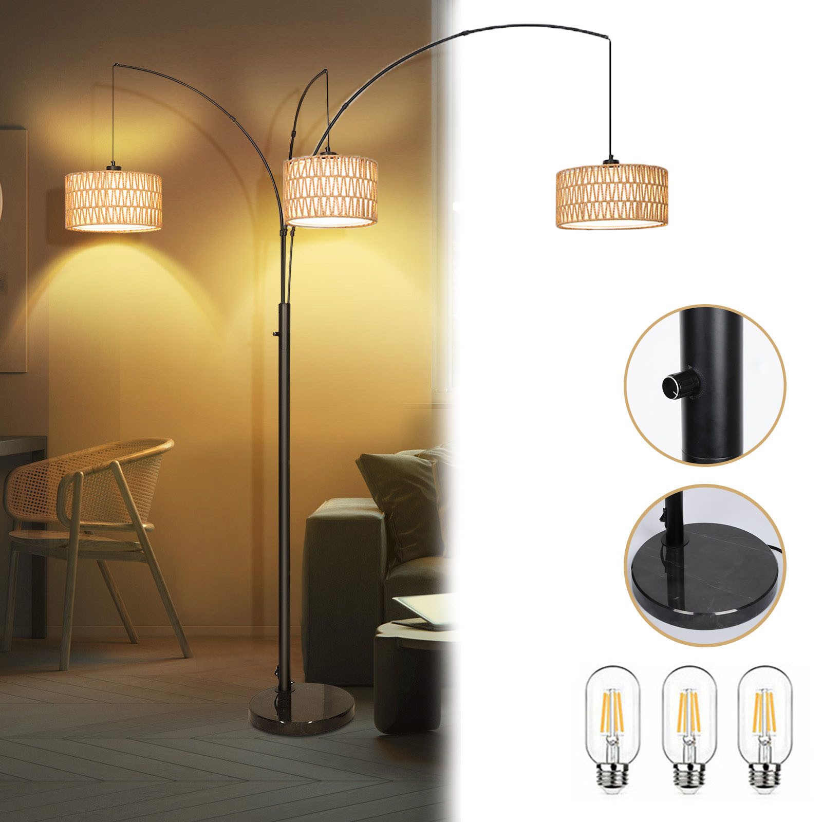 Stehlampe Moderne 3-armige Stehleuchte Rattan, Wohnzimmer Lampe