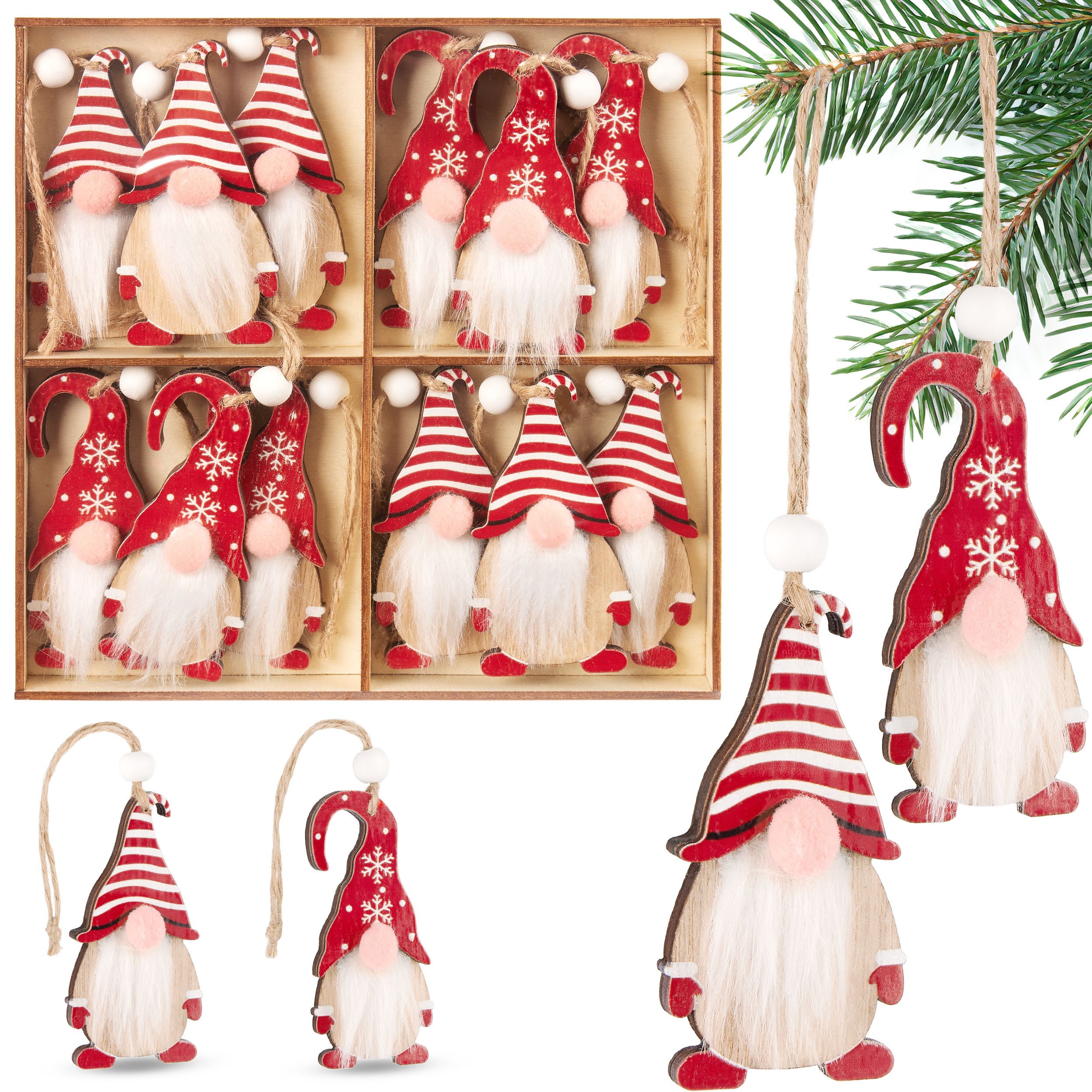 BRUBAKER Christbaumschmuck 12x Weihnachtsanhänger Wichtel - 8 cm Baumschmuck aus Holz - Gnom (12-tlg), Zwerge mit Bart und großer Nase - Holzanhänger Weihnachtsbaumschmuck