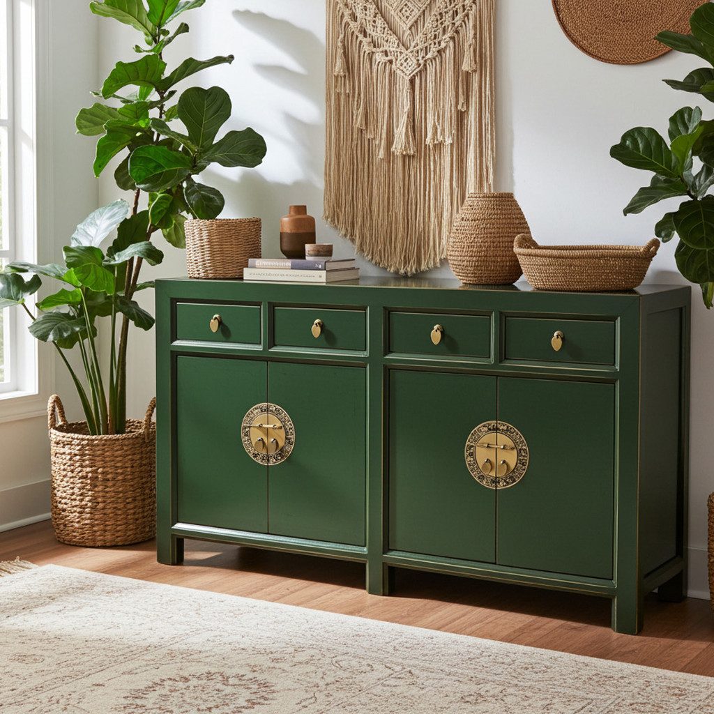 OPIUM OUTLET Sideboard Kommode Schrank Hochzeitsschrank Asia Möbel (Breite x Tiefe x Höhe: 150 cm x 40 cm x 85 cm, komplett montiert, grün), chinesisch asiatisch orientalisch vintage