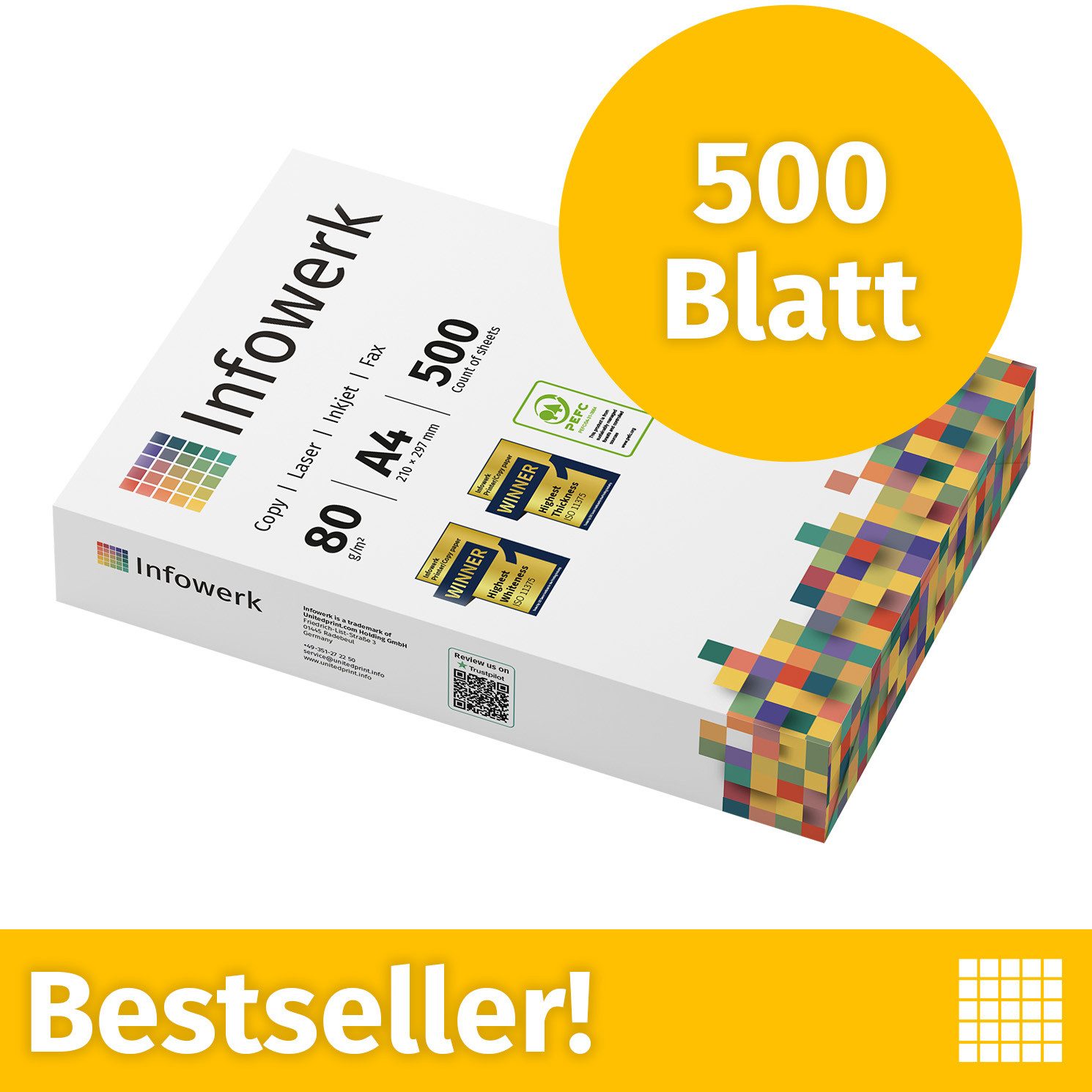 Infowerk Druckerpapier Kopierpapier 500 Blatt A4 80g Premium Weiß Testsieger PEFC, PEFC-Zertifikat (GFA-PEFC-COC-500582)