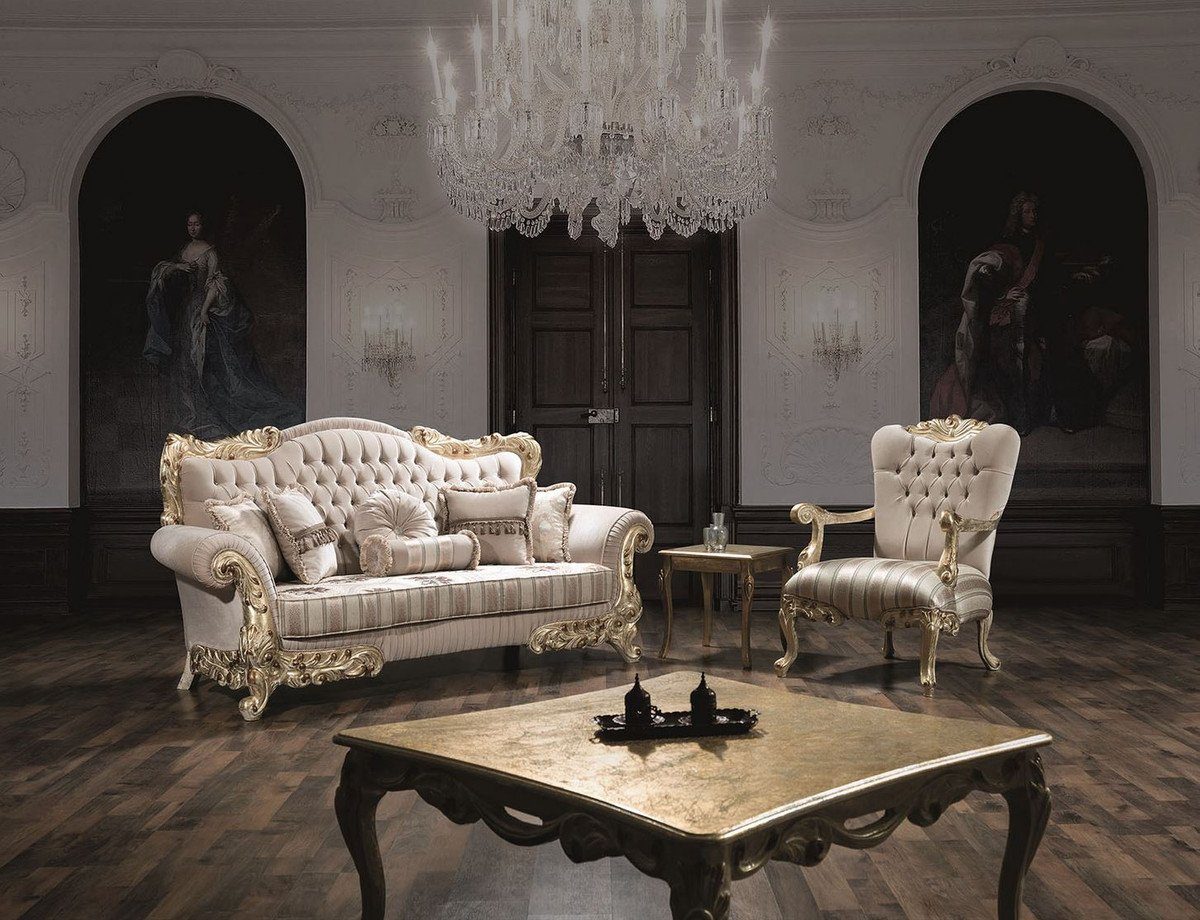 / Kissen 110 Sofa cm mit Beige 230 - und Barock Möbel Luxus Wohnzimmer Sofa x H. Barock Glitzersteinen Casa Gold 85 dekorativen x Padrino