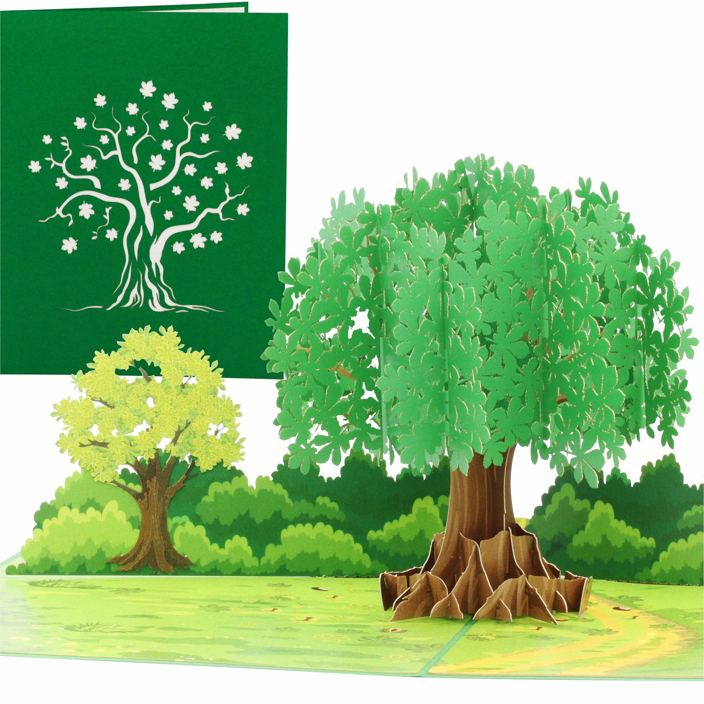 design3dkarten Glückwunschkarte Pop Up Karte Baum grün – 3D Lebensbaum mit Wald und Wiese, mit herausnehmbarem Einleger, Umschlag und Schutzhülle
