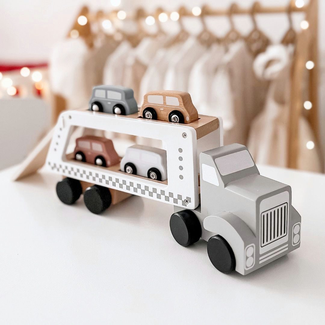 Mamabrum Spielzeug-LKW Holz-Autotransporter – LKW mit 4 Spielzeugautos