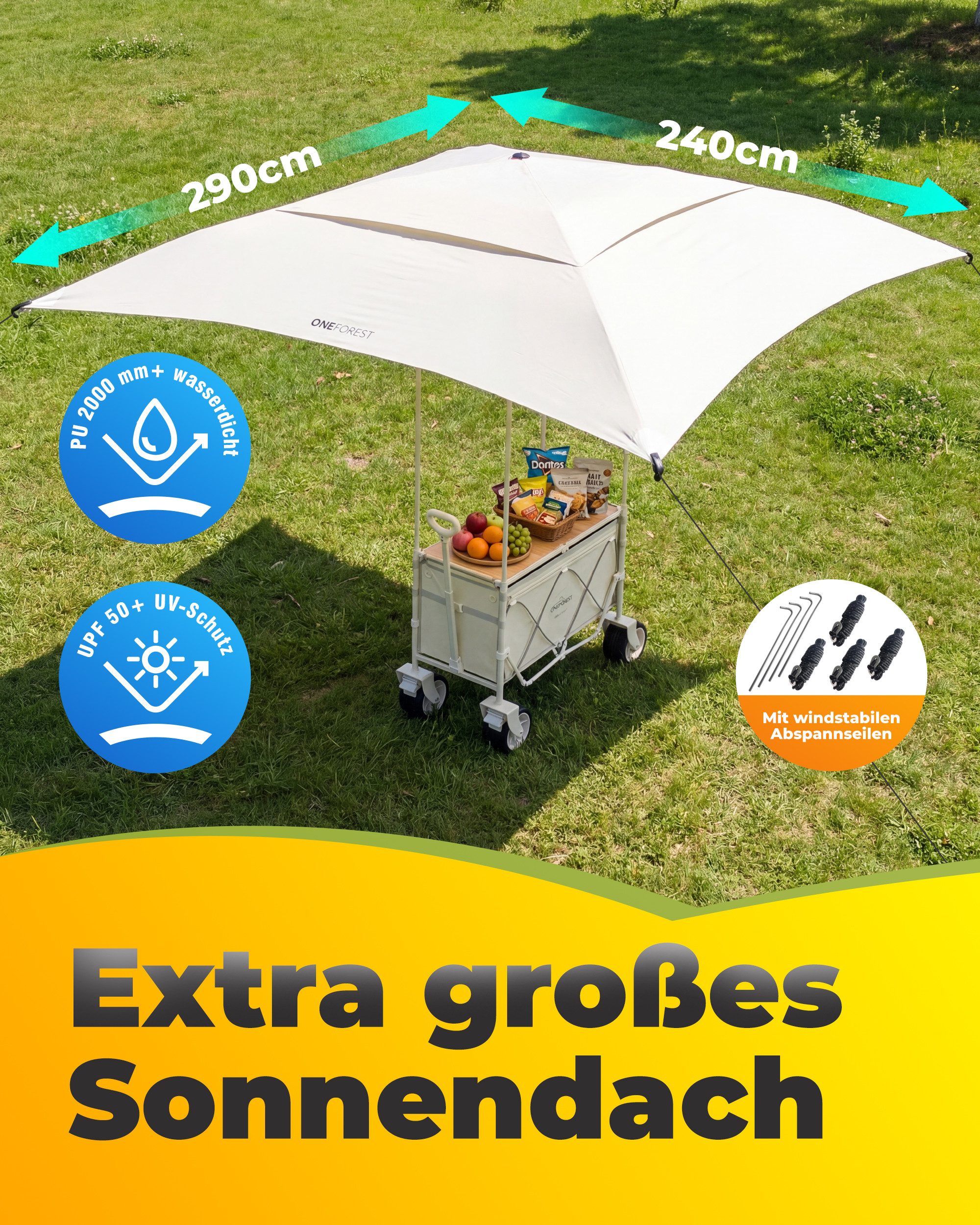 HOMECALL Bollerwagen 3-in-1 Bollerwagen Faltbar mit Tischplatte & Sonnendach für Sand-160L (bis 150kg UV50+ wasserdicht All-Terrain Räder, Großes Fassungsvermögen, mit Rädern), Geeignet für Camping, Sport, Strand, Garten und Picknicks