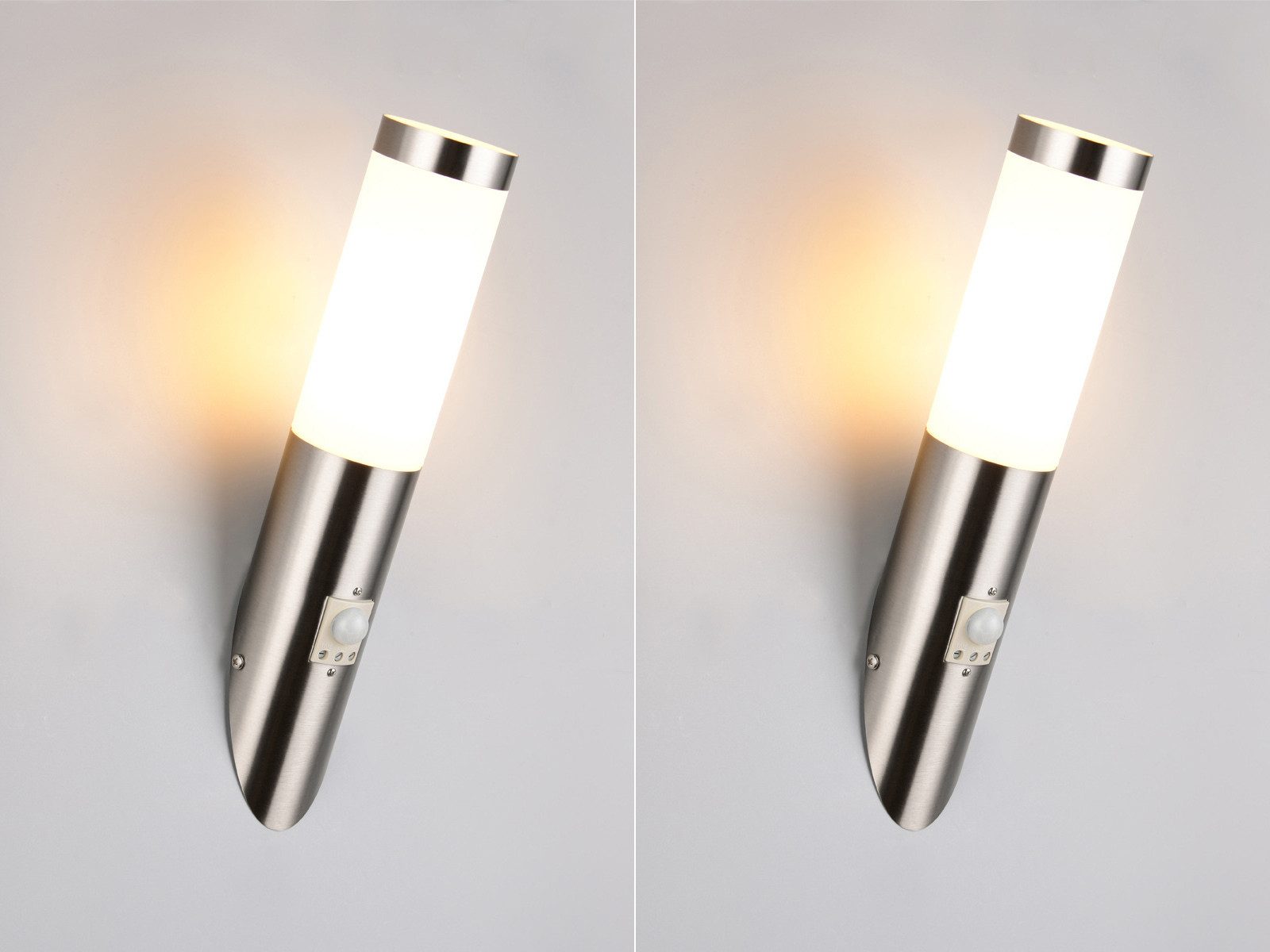 TRIO Leuchten LED Außen-Wandleuchte 2er Set aus Edelstahl Silber, Höhe 39cm, mit Bewegungsmelder, LED wechselbar, warmweiß
