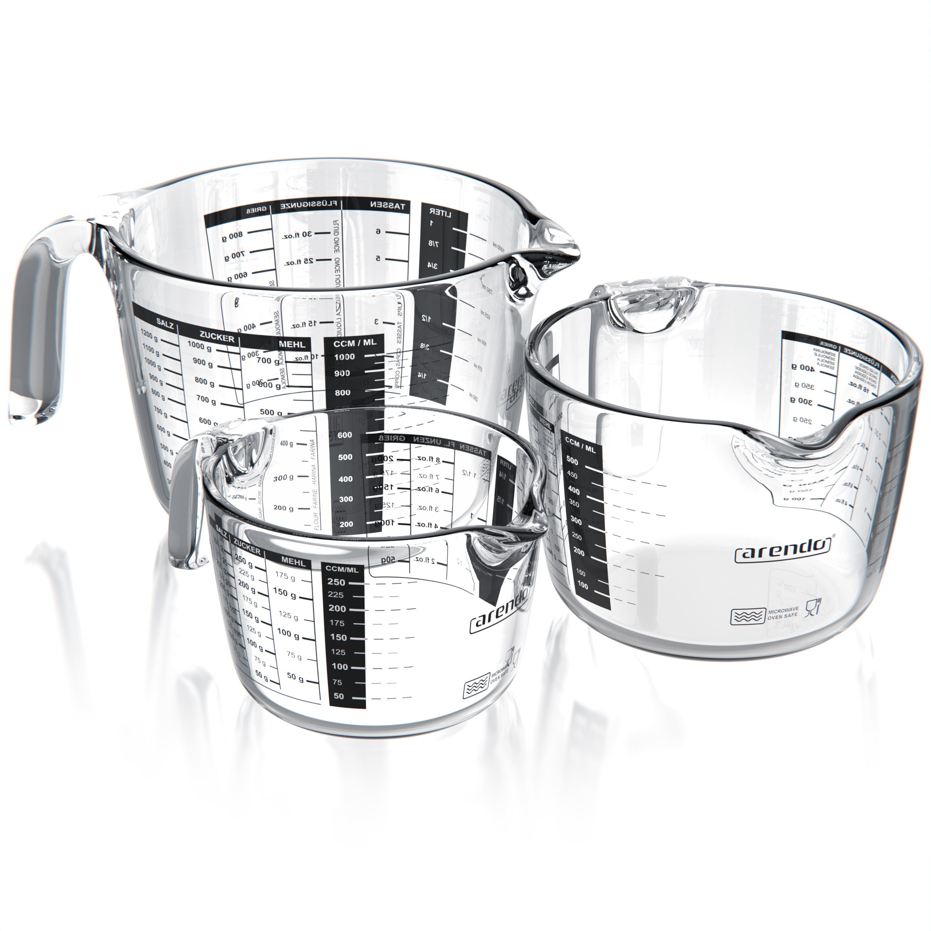 Messbecher 250 ml, 500 ml & 1000 ml Glas Messkrug Set, Rührbecher