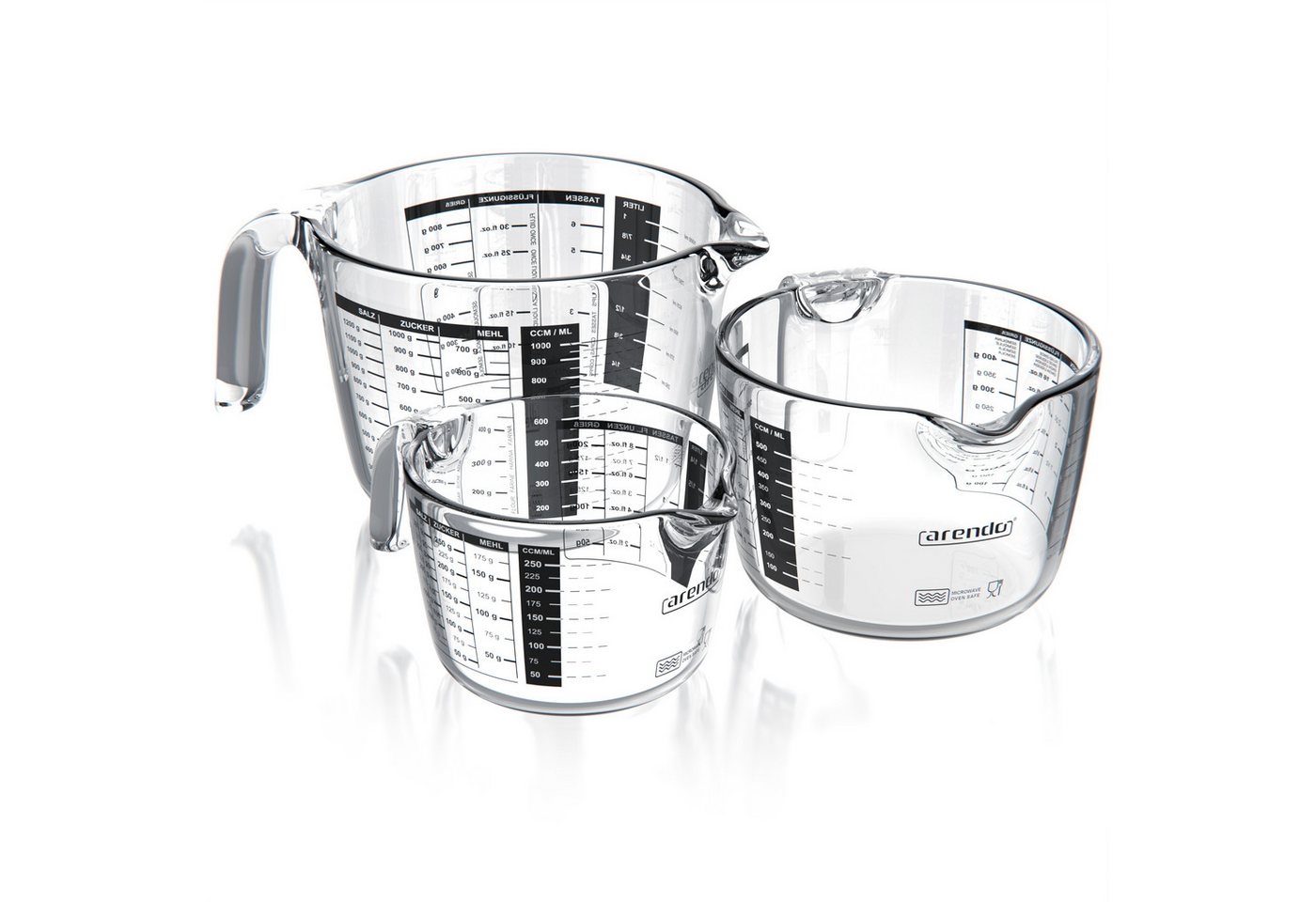 Arendo Messbecher 250 ml, 500 ml & 1000 ml Glas Messkrug Set, Rührbecher, Glas, (Set, 3-St), Borosilikatglas, hitzebeständig, präzise Skala, Mikrowellengeeignet