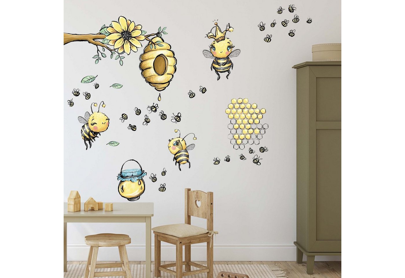 WANDKIND Wandtattoo Bienenstock mit Bienenkönigin V359, Wieder ablösbar