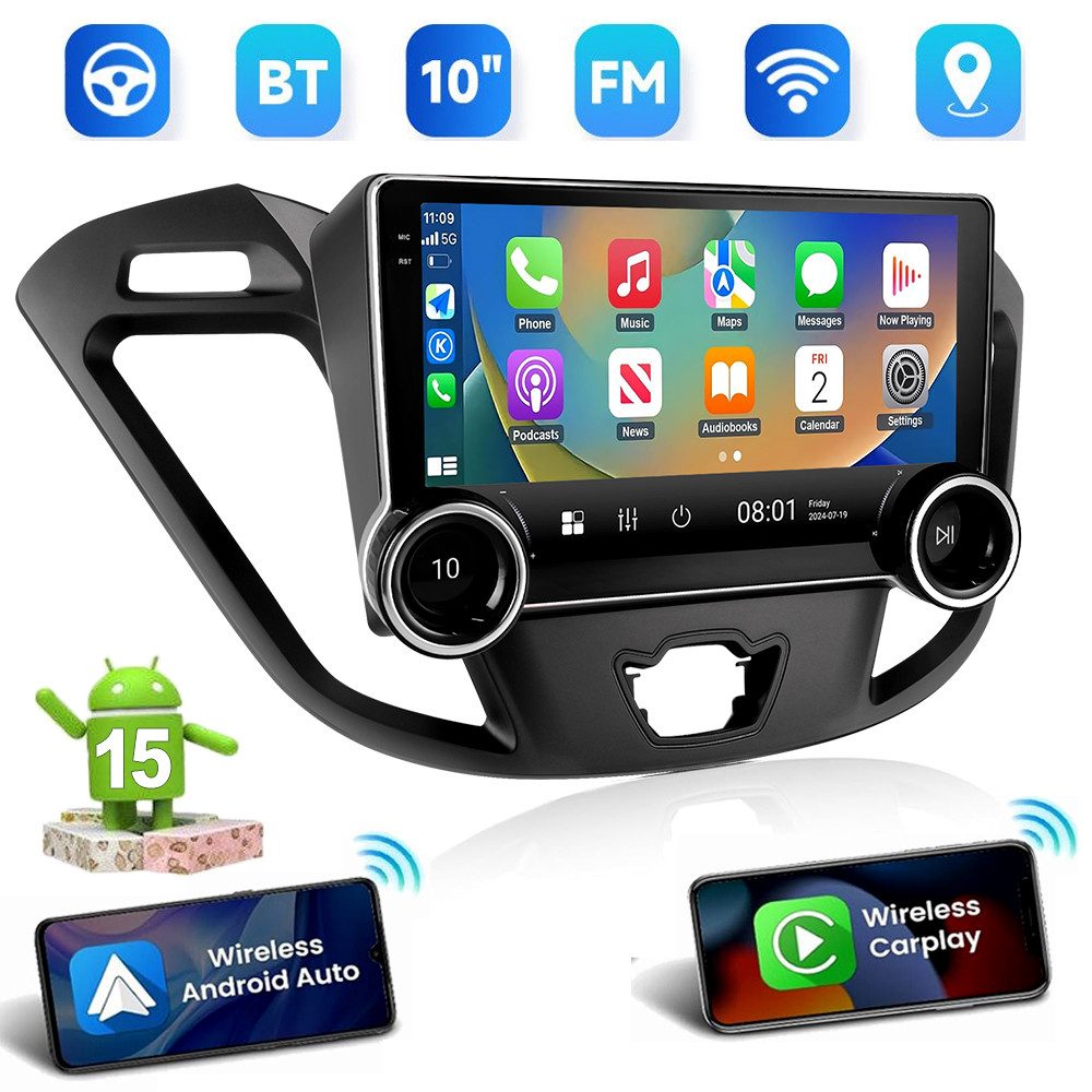 ESSGOO DAB+ 64G Carplay GPS Navi Android 15 Für Ford Transit Custom 2012-2021 Autoradio (Digitalradio (DAB), 4+64GB(optional), RDS, AM, FM, Mirror Link SWC WIFI Apple Carplay Android Auto)