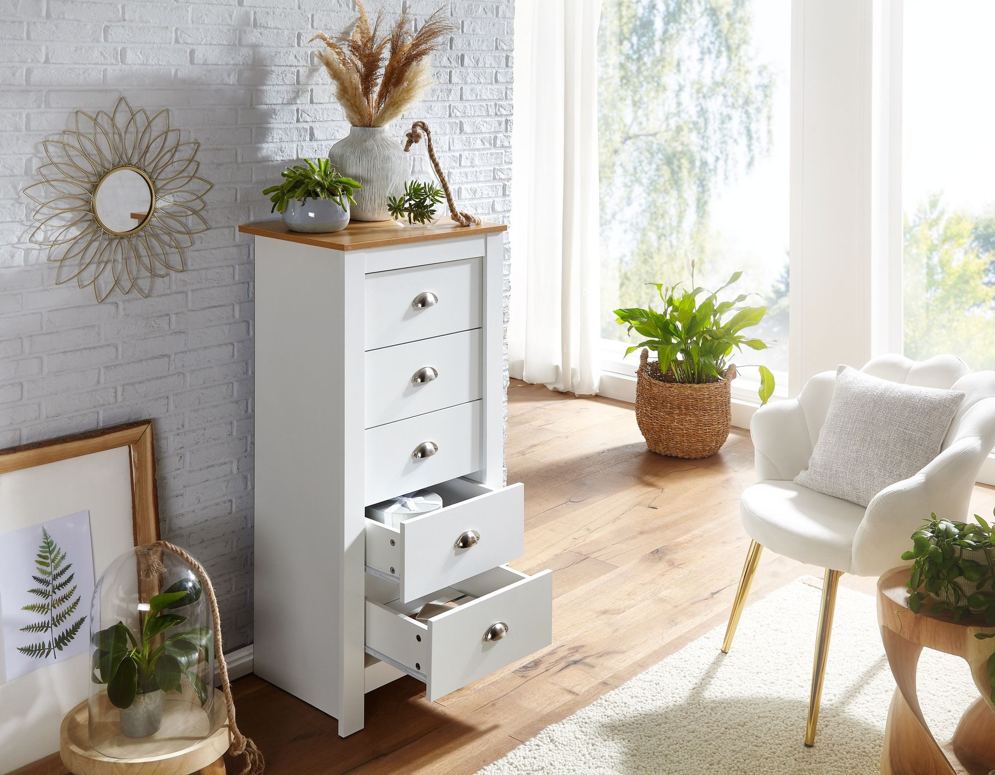 FineBuy Sideboard mit 5 Schubladen 53x114x39 cm Kommode Weiß / Eiche Modern, Design Anrichte Hoch Schmal, Schubladenkommode Wohnzimmer – Bild 2 von 5