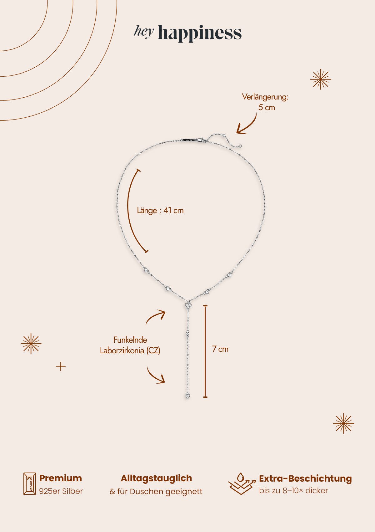 Hey Happiness Y-Kette mit Herzen & Zirkonia, Lasso-Halskette, Vergoldete Y-Kette für Damen, 925 Silber