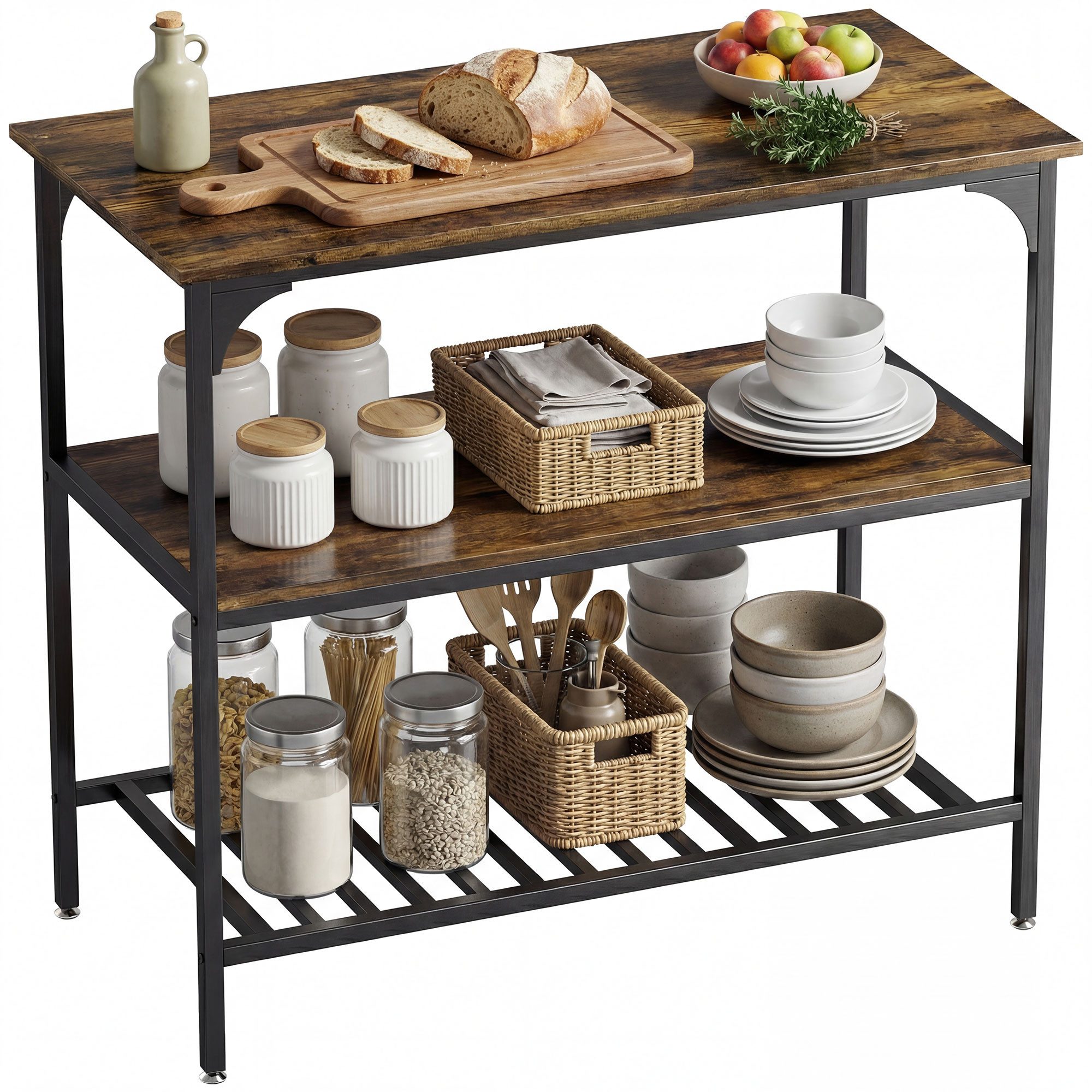 HOMCOM Küchenregal Bäckerregal mit großer Arbeitsplatte und Stahlrahmen, Schwarz, 3-stufiges Standregal 1-tlg., für Esszimmer, Küche, Wohnzimmer, 100 x 50 x 90 cm, Rustikal-Braun