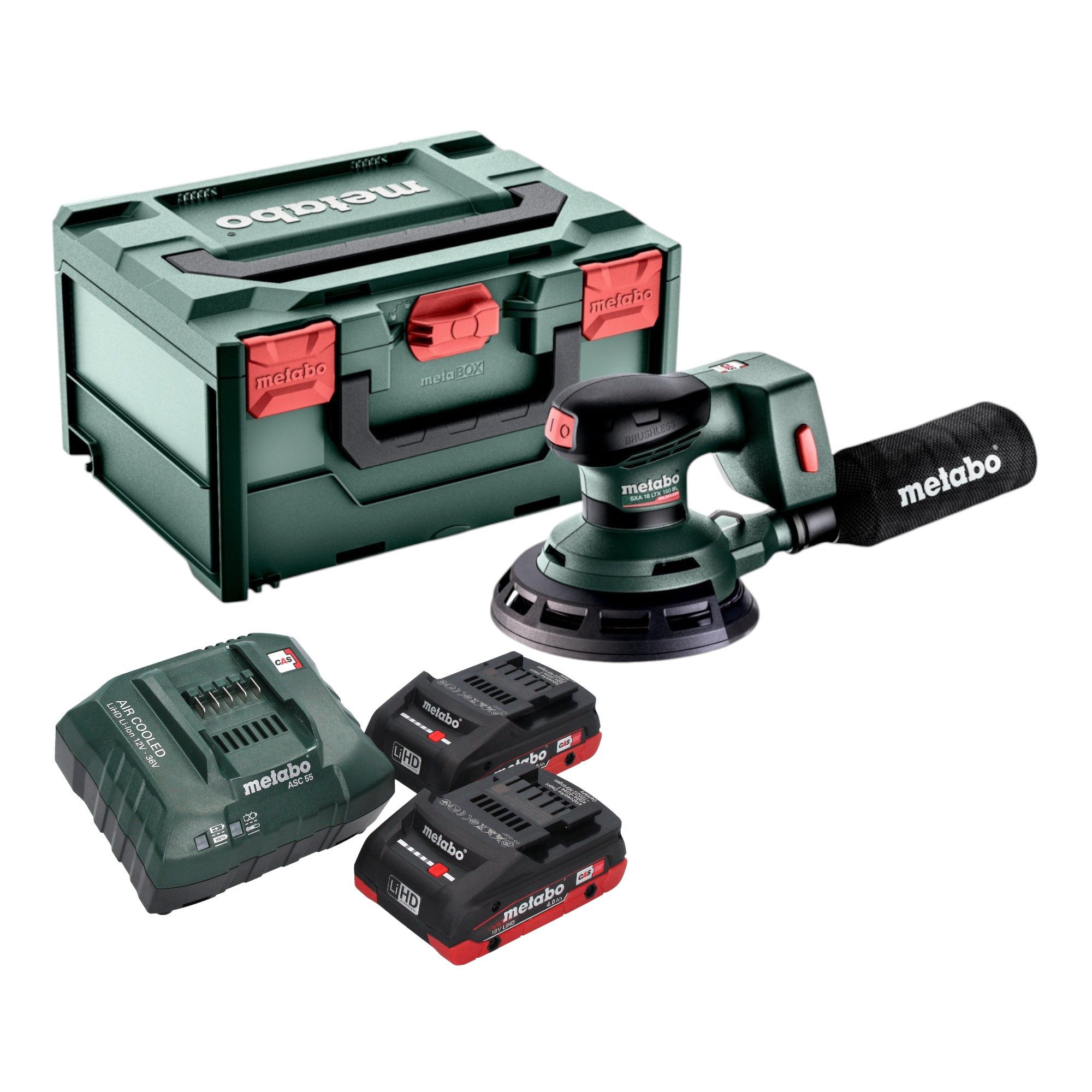 metabo Akku-Exzenterschleifer SXA 18 LTX 150 BL 18 V 150 mm + 2x LiHD Akku 4,0 Ah + Lader + metaBOX