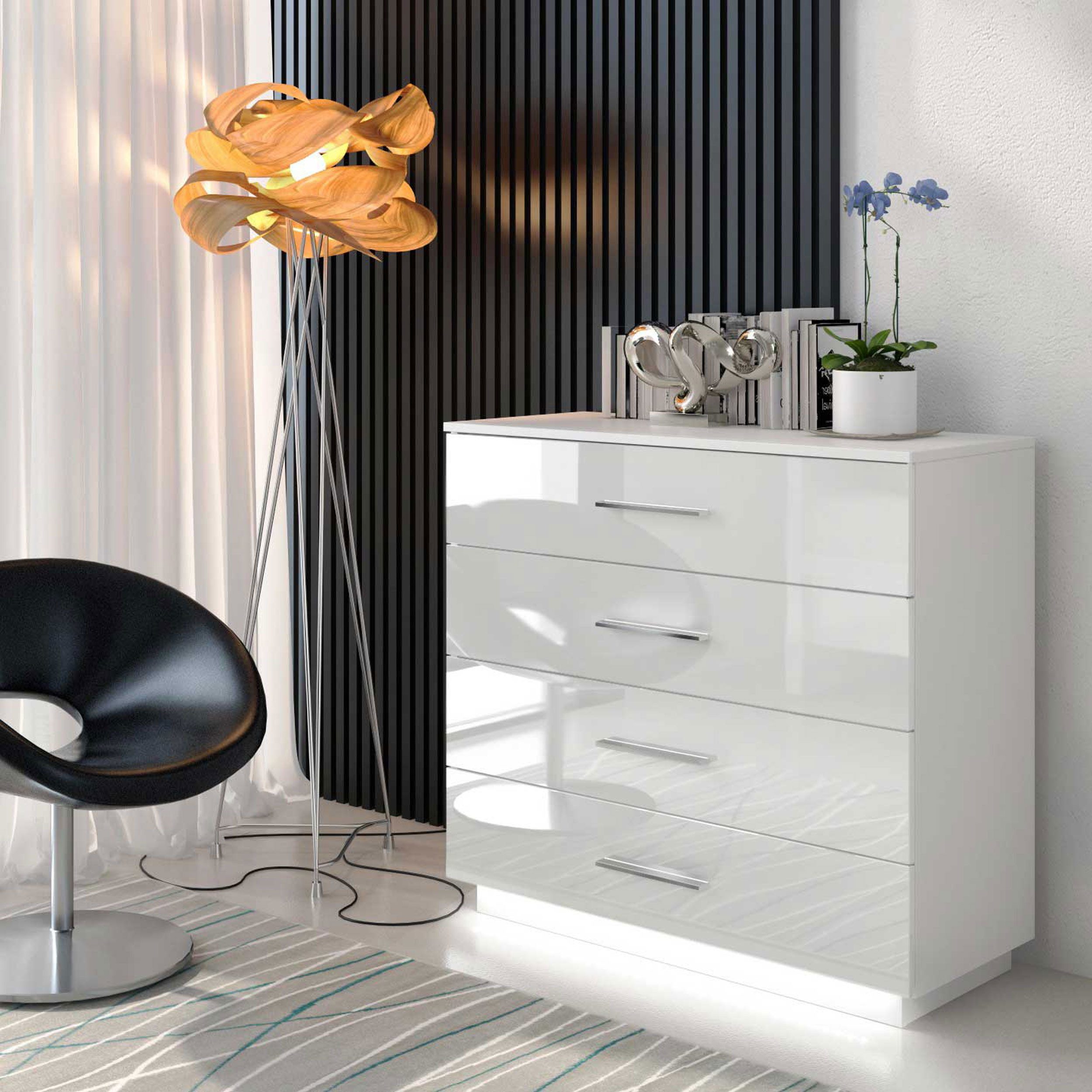 Lookway Kommode LINA mit Chrom Griffen und LED Weiß / Weiß hochglanz, 95x40x85 – Bild 2 von 5