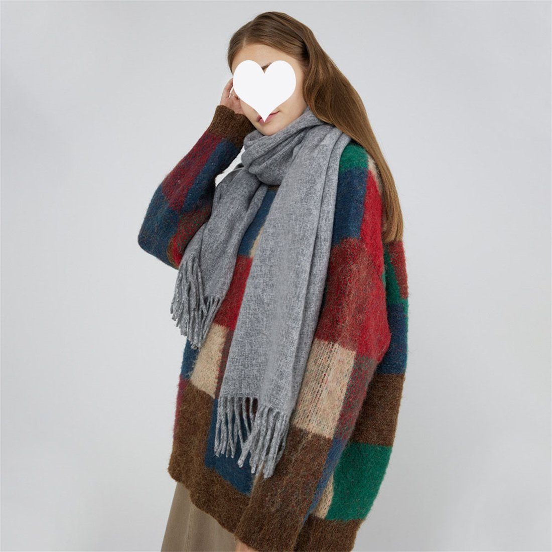 warmen Modeschal Damen DÖRÖY Schal, Schal, Vintage Farbe Winterschal Grau solide Quaste