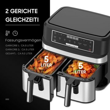 Senmudi Heißluftfritteuse 10L Heißluftfritteuse mit Doppelkammer, XXL Airfryer mit 8 Programmen, 2600,00 W, ohne Öl, XXL Friteuse Heissluft Fritteusen Air Fryer, 5L+5L