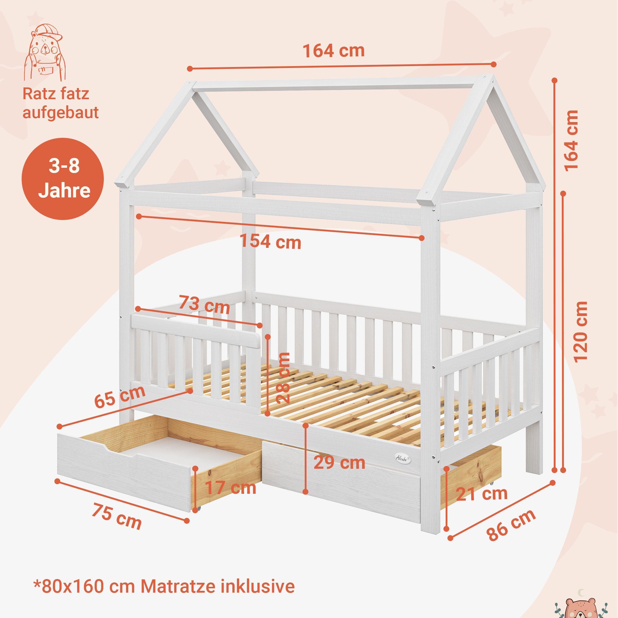 - Schubladen I Lattenrost, massivem mit Schubkästen Jugendbett KOMPLETT Hausbett HEIM Lichterkette, ohne 80x160, 80x160 Rausfallschutz mit (Kinderbett Alcube zertifizierter KOMPLETT Lichterkette Jungen Deko cm I GRATIS 2 Weiß Set in wechselbarem aus 80x160 Hausbetten SET weiß), und ohne inkl. Hausbett Schublade+Matratze+Rosa Mädchen Dekoration und Matratze 80x160 I Lieferung BESTSELLER! Rosa Liegefläche Kiefernholz FSC für