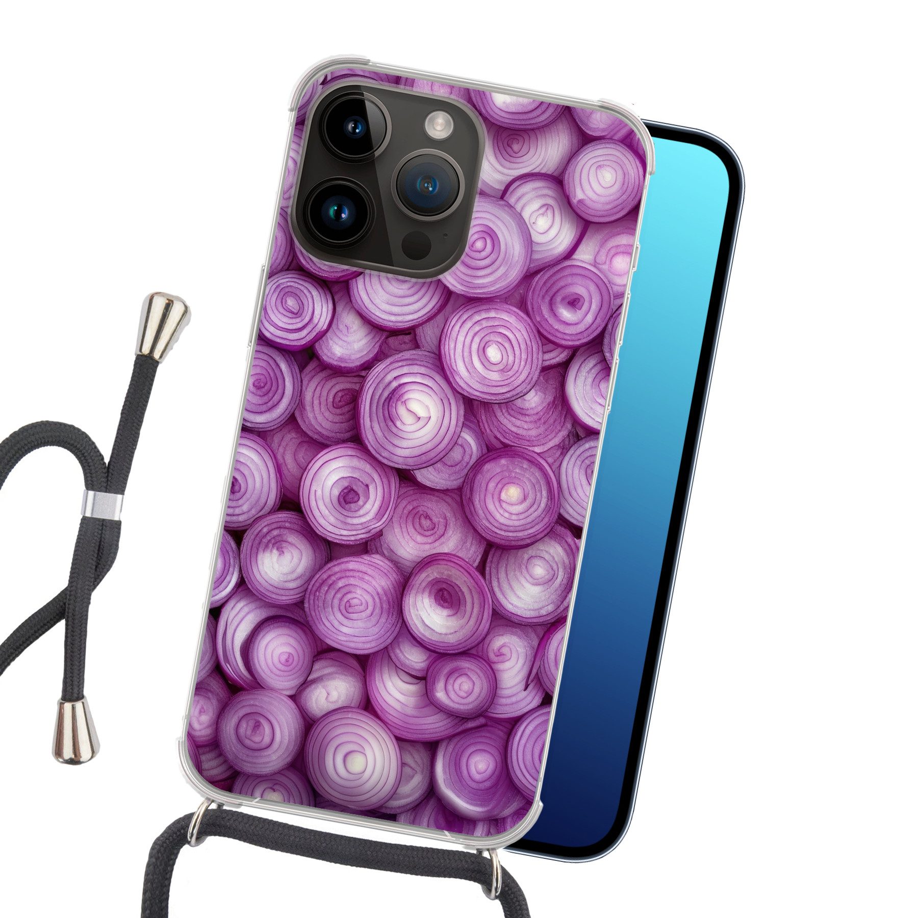 MuchoWow Handyhülle für Apple iPhone 14 Pro Max Lila - Zwiebeln - Nahaufnahme, Tragbare Handyhüllen mit Kette zum umhängen, Handykette Handyband