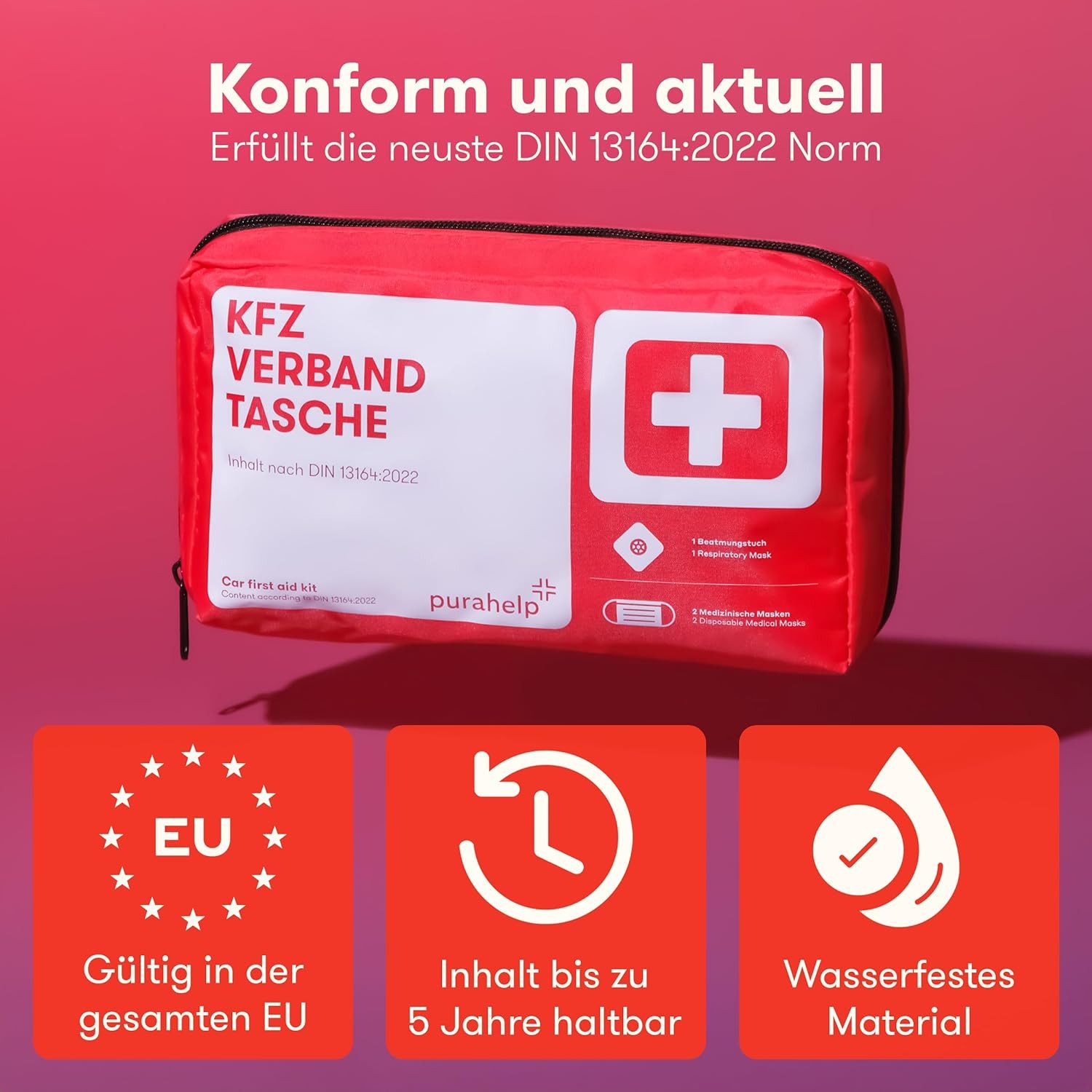 Purahelp KFZ-Verbandkasten nach aktueller Norm 2025 DIN 13164 (StVO konform), (nkl. Beatmungstuch -, 44 St), Erste Hilfe Set Auto Verbandskasten Auto 2025
