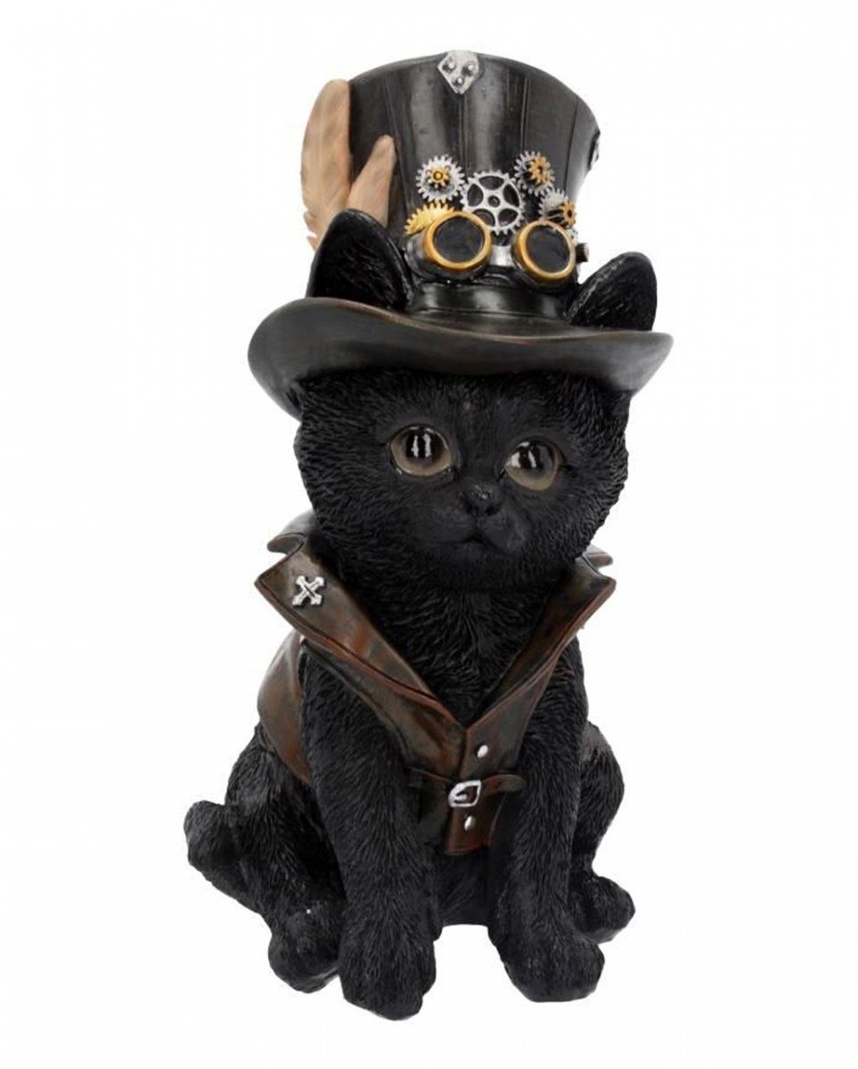 Horror-Shop Dekofigur Schwarze Steampunk Katze mit Zahnrad Zylinder 18,5