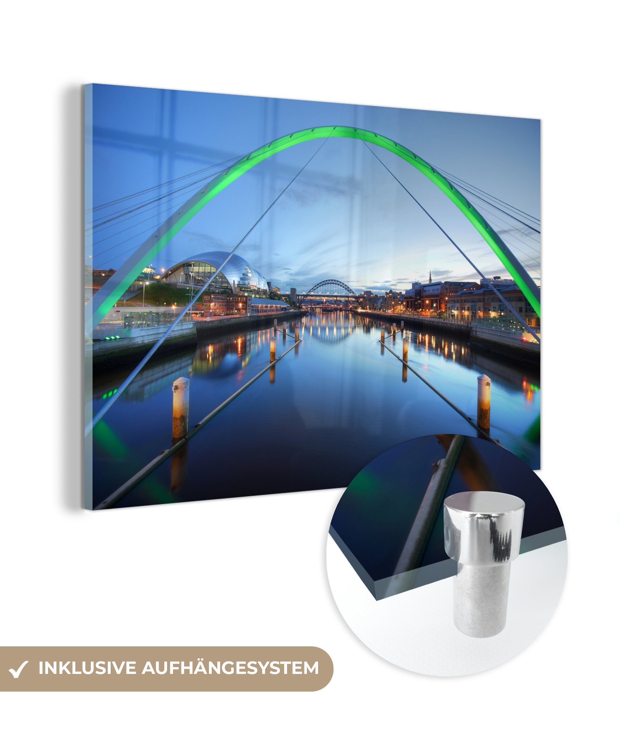 MuchoWow Acrylglasbild Eine St), in (1 in, der Acrylglasbilder & Schlafzimmer Abenddämmerung Wohnzimmer Bridge beleuchtete Millennium