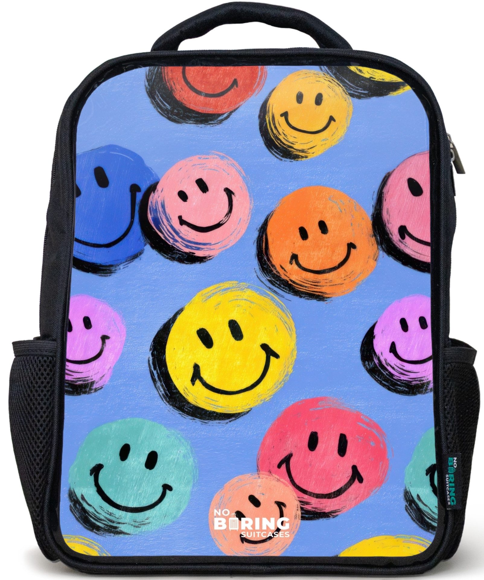 NoBoringSuitcases.com© Rucksack Schwarz - Ein verspieltes und künstlerisches Muster aus bunten Smileys, Kinderrucksack Schwarz, Schulrucksack, Freizeitrucksack Jungen Mädchen