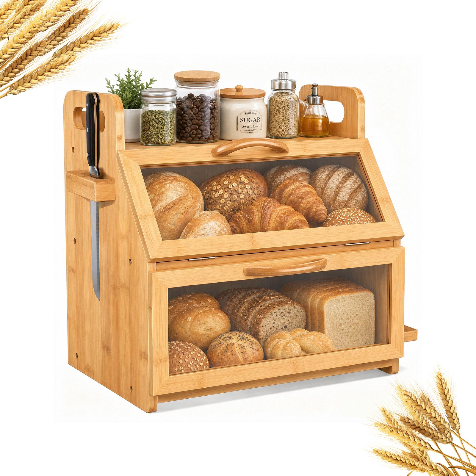 PFCTART Brotkasten Brotkasten XXL 38x28x39 cm – Großer Brotkasten aus Bambus, Bambus und Holz, (Set, 1-tlg., Für Brot, Baguette, Brötchen & Snacks – einfache Montage), 2 Etagen, Sichtfenster, Werkzeugablage & Messerhalter