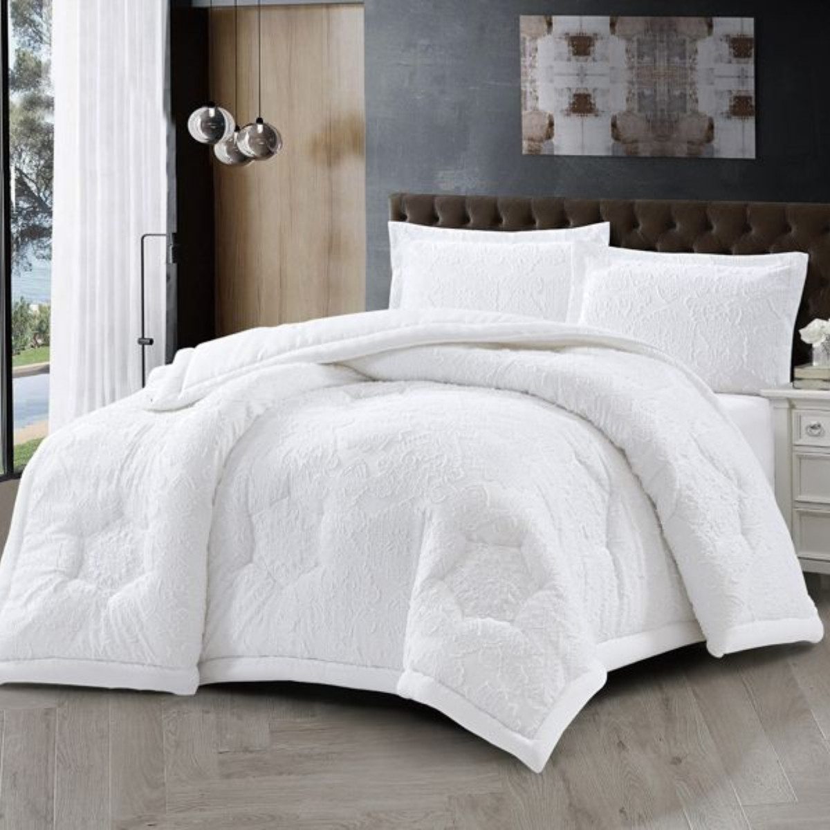 alesvelt Tagesdecke Set Sara Überwurf Decke 3-Teilig 240X260 CM 2 Personen Weiss