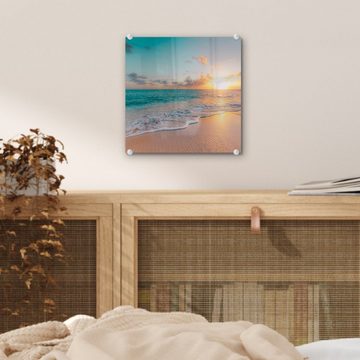 MuchoWow Acrylglasbild Sonnenuntergang - Strand - Meer - Sommer - Blau, (1 St), Glasbilder - Bilder auf Glas Wandbild - Foto auf Glas - Wanddekoration