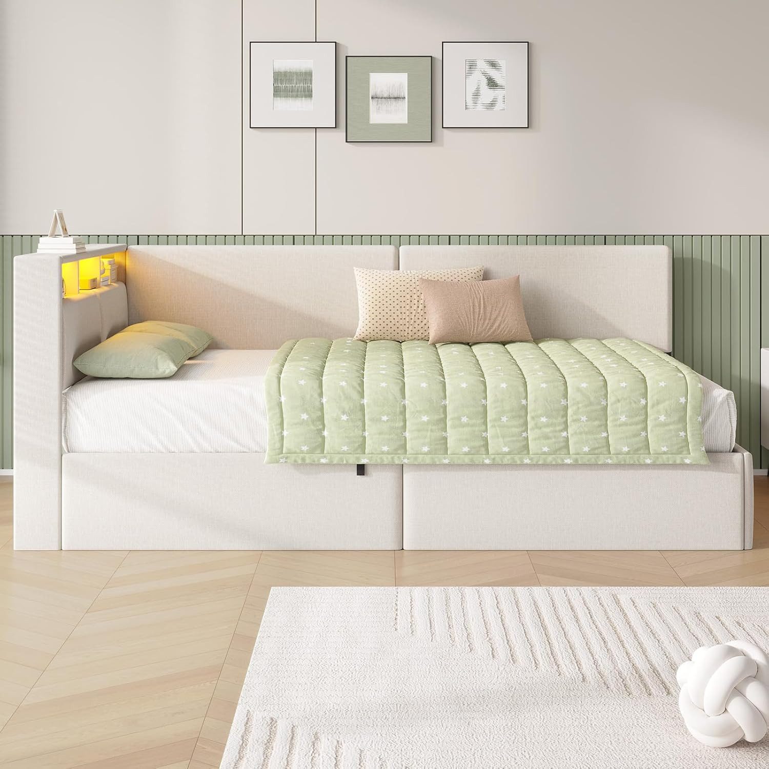 MSMASK Polsterbett mit USB-Steckdosen & LED-Kopfteil, Eckmontage möglich, Jugendbett (Ohne Matratze), Schlafsofa 90x200 cm mit Hydraulischem Stauraum – Bild 4 von 5