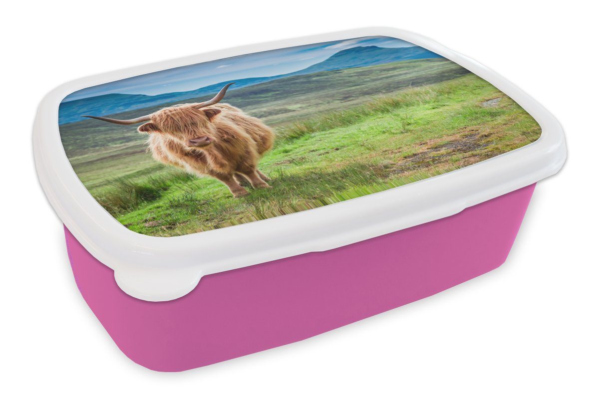 MuchoWow Lunchbox Schottischer Hochländer - - Berg Kuh Kinder, Kunststoff Erwachsene, - Mädchen, Brotdose Brotbox Kunststoff, - für Snackbox, (2-tlg), Natur rosa Gras