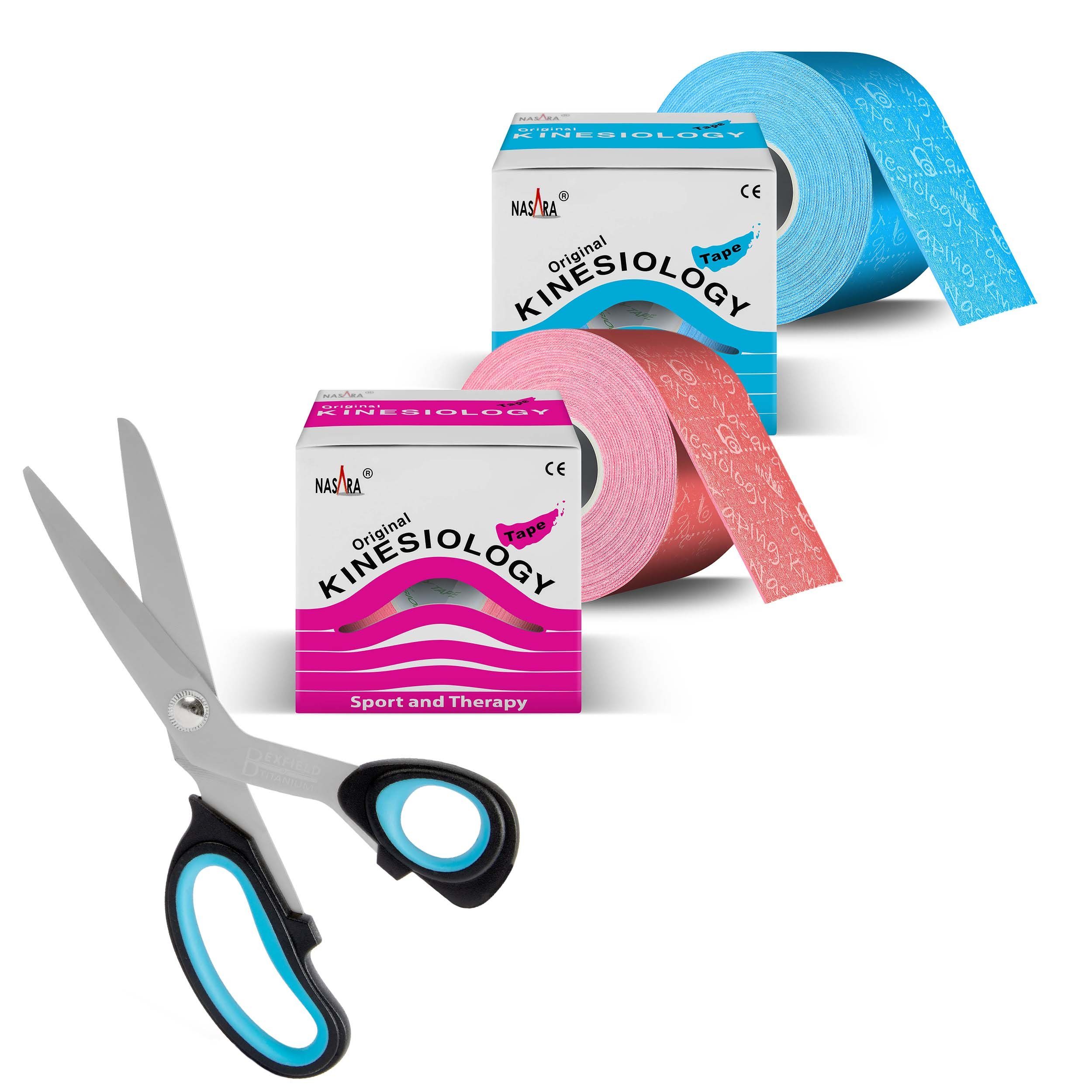 NASARA Kinesiologie-Tape 2er Set - 1x blau 1x pink NASARA Tapes mit Bexfield-Tapeschere (3-St)