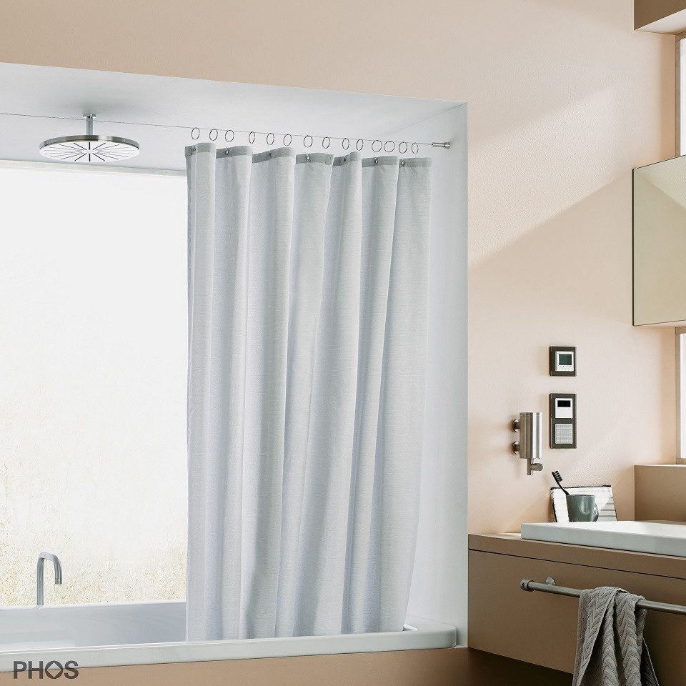 PHOS Design Duschvorhang-Seilsystem : Axiales Seilspannsystem aus Edelstahl für Duschvorhänge, mit Wand zu Wand Montage - 100% Made in Germany