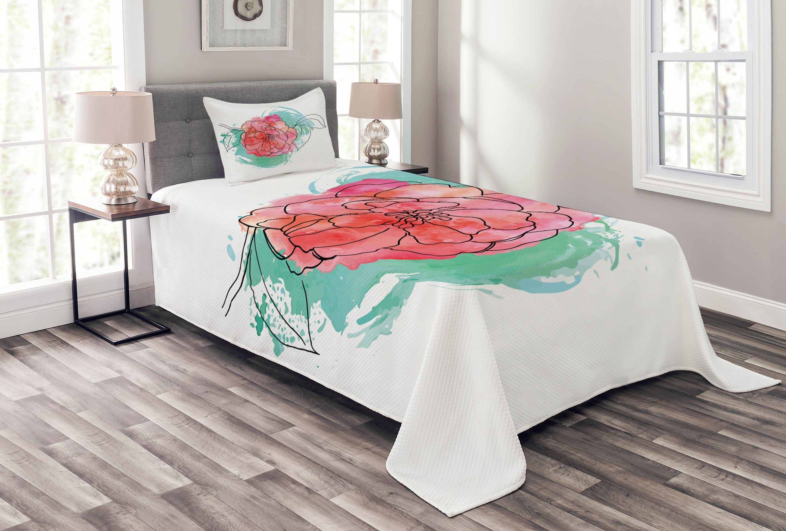 Tagesdecke Set mit Kissenbezügen Waschbar, Camellia Schmutz-Kunst Abakuhaus, rosa Blätter