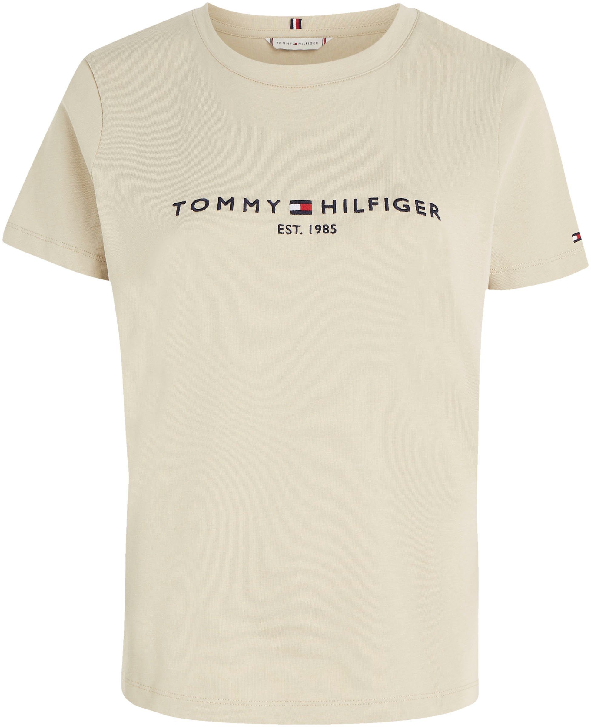 Tommy REGULAR mit Hilfiger Rundhalsshirt C-NK Sandalwood TEE Logoschriftzug großem Hilfiger Tommy SS HILFIGER Light