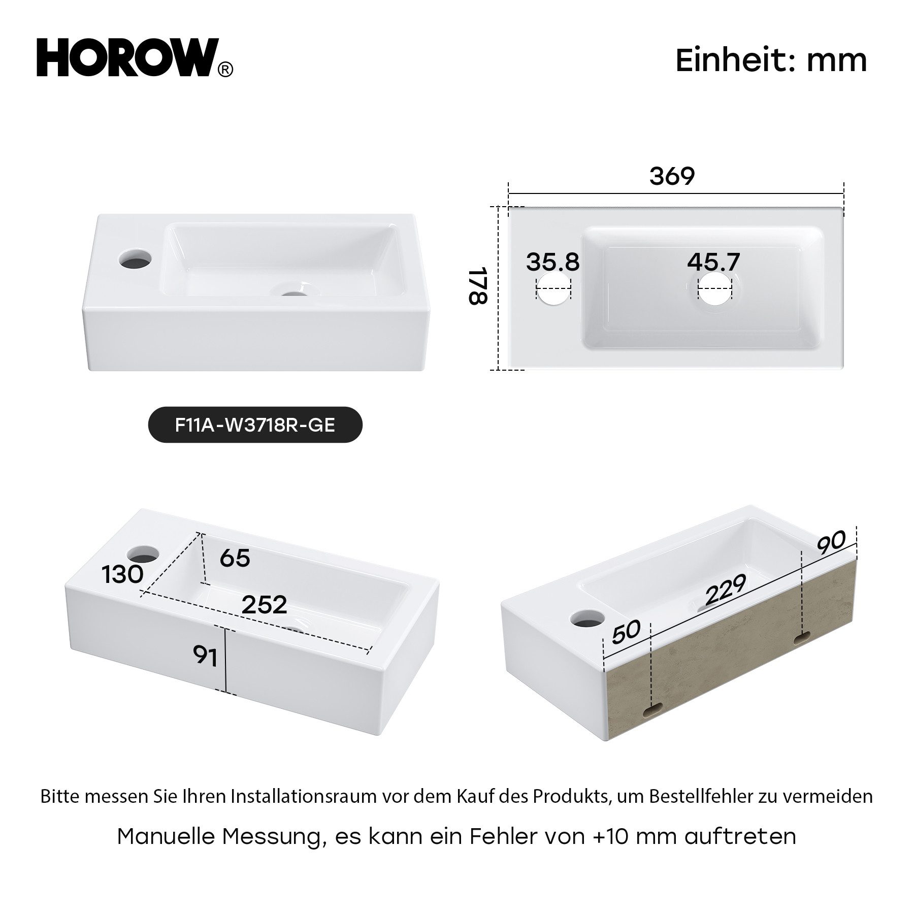 HOROW Waschbecken Mini Hänge-/Aufsatzwaschbecken mit Hahnloch für Bad /Gäste-WC (mit Hahnloch Rechts/Links, Eckig Weiß Waschbecken 37 x 18 x 9 cm), aus Keramik, – Bild 4 von 5