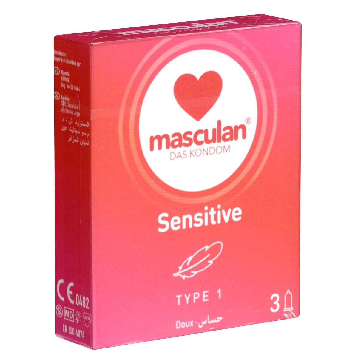 Masculan Kondome Typ 1 (sensitive) Packung mit, 3 St., gefühlsechte Qualitätskondome für intensive Nähe, zarte rosa Kondome für sinnliche Momente