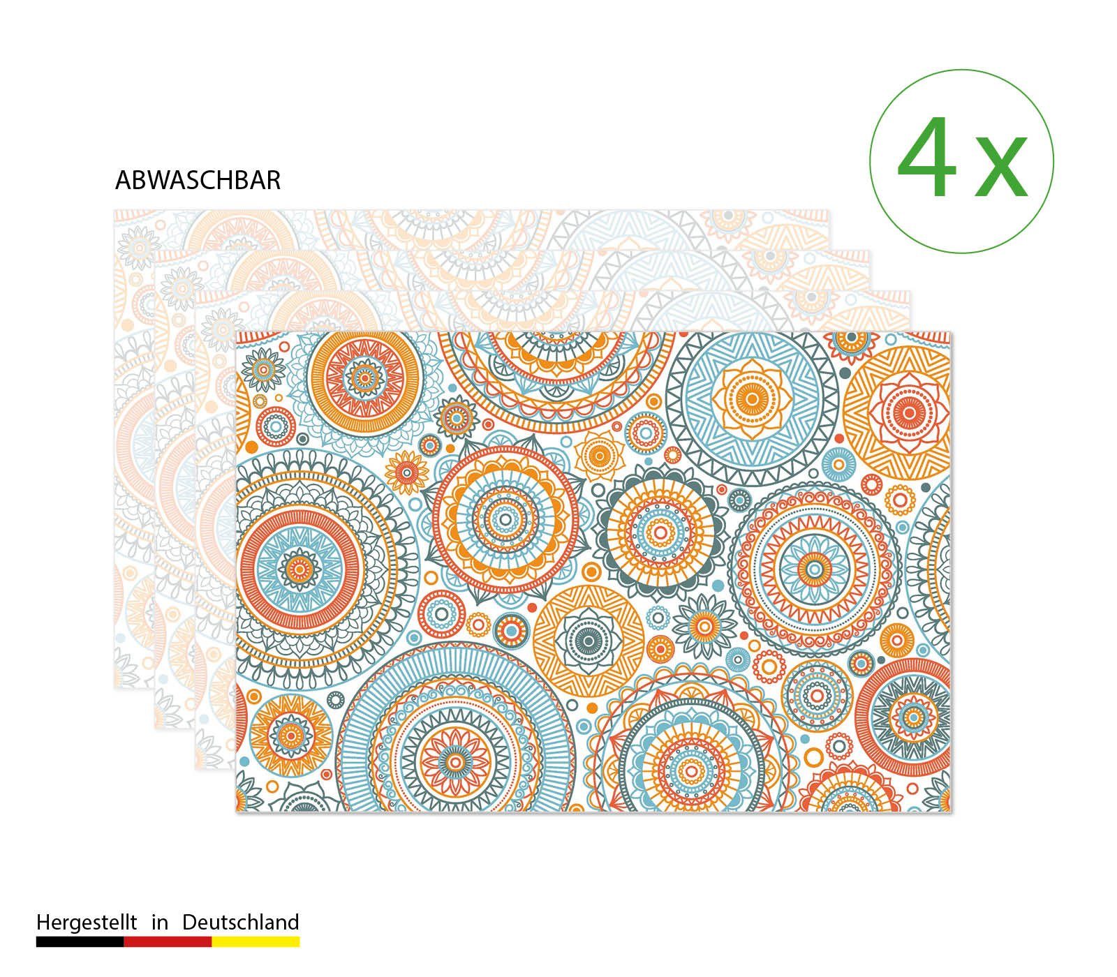 cover-your-desk.de Platzset Tischset, Platzset abwaschbar - Mandala mit Kreisen - aus Premium Vinyl (Kunststoff - BPA-frei) - 4 Stück - 44 x 32 cm - rutschfeste Tischdekoration!, (4-St)