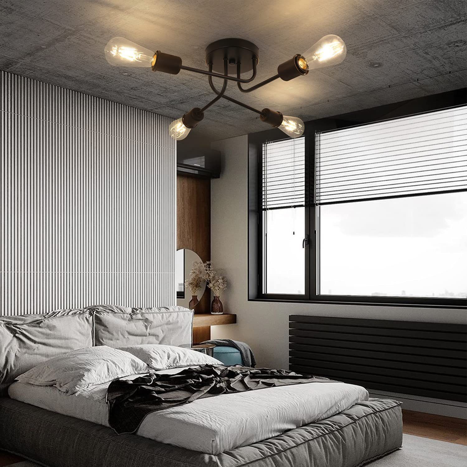 ZMH Deckenleuchte Deckenlampe Schwarz Flammig 4 wechselbar, Wohnzimmer E27, Warmweiß LED Vintage