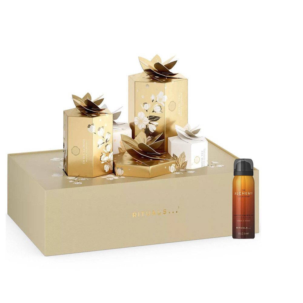 Rituals Adventskalender Rituals Adventskalender Premium 2025 + Alchemy Duschgel 50 ml (6-tlg), Premium-Adventskalender mit Amber-Myrrhe Duschgel