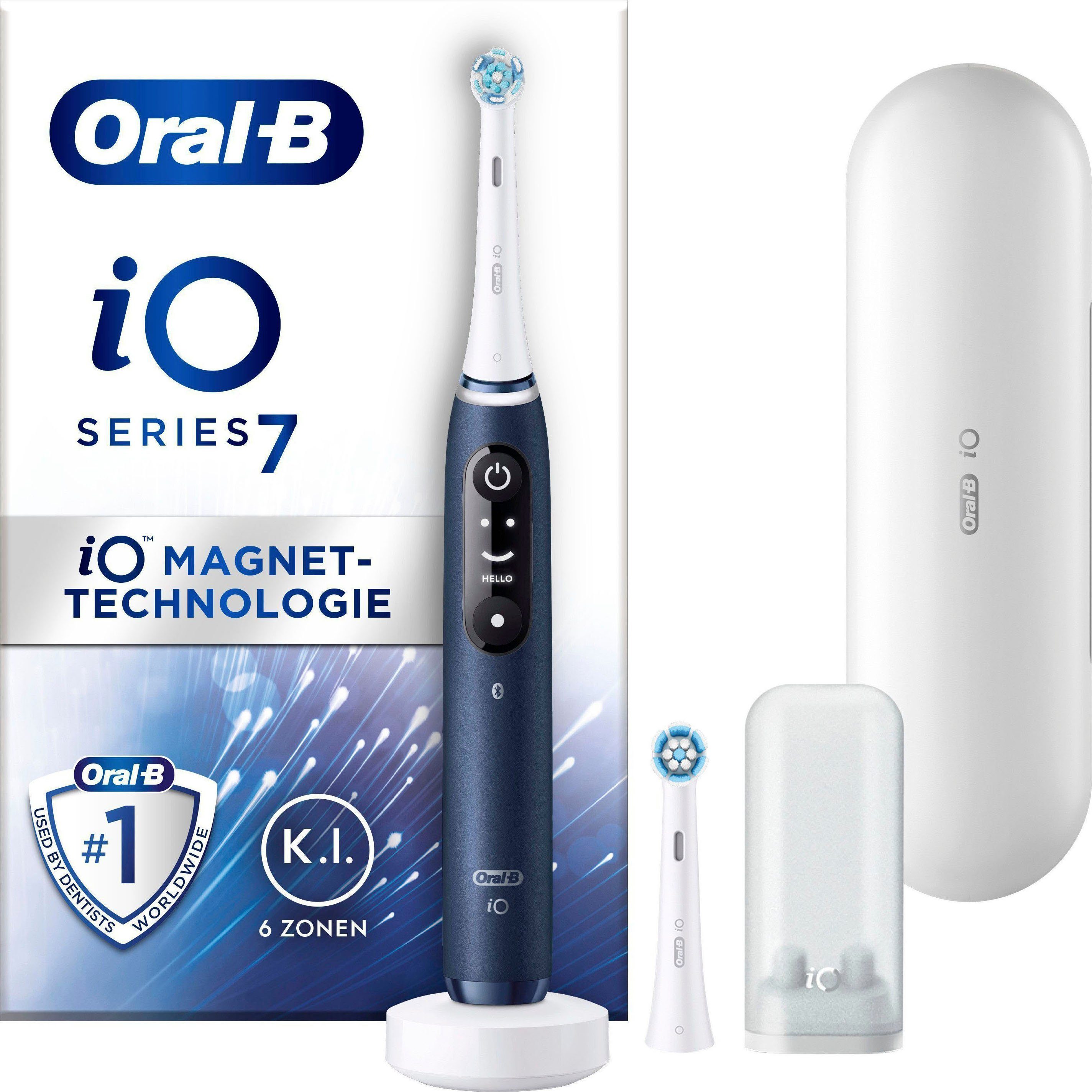 mit Aufsteckbürsten: St., sapphire blue iO 2 Elektrische Oral-B Display, Zahnbürste 5 Reiseetui Putzmodi, 7, Magnet-Technologie,