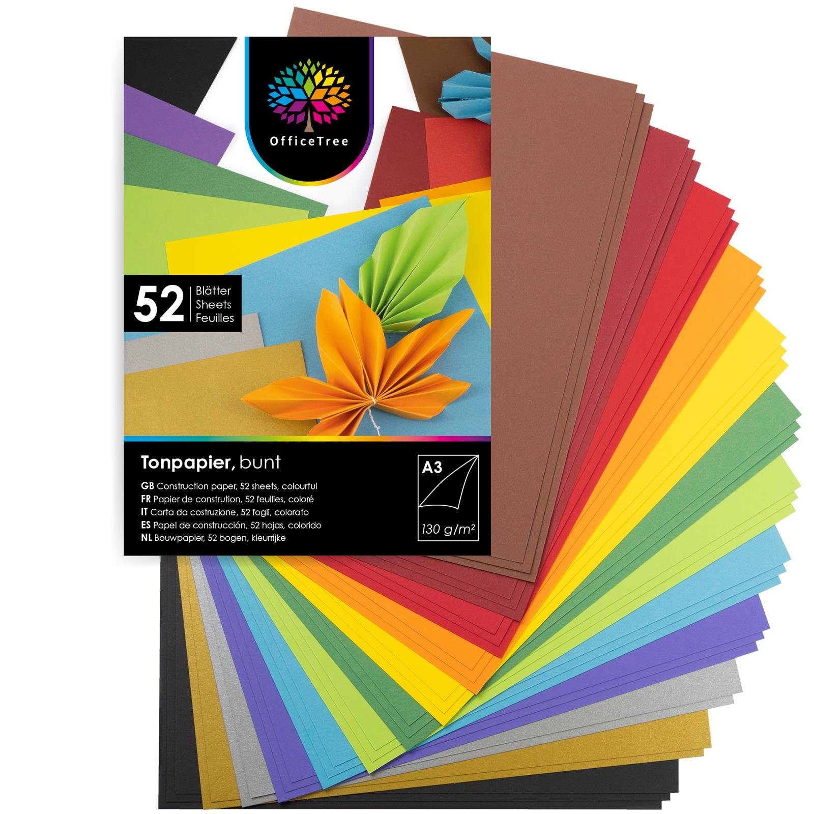 OfficeTree Transparentpapier 54 Blatt Bastelpapier - Bastelset Kinder - Tonpapi, Tonpapier A3 Bunt - 12 Farben - inkl. 2 Gold- und 2 Silberbögen - Buntes Bastelpapier 130g/m²