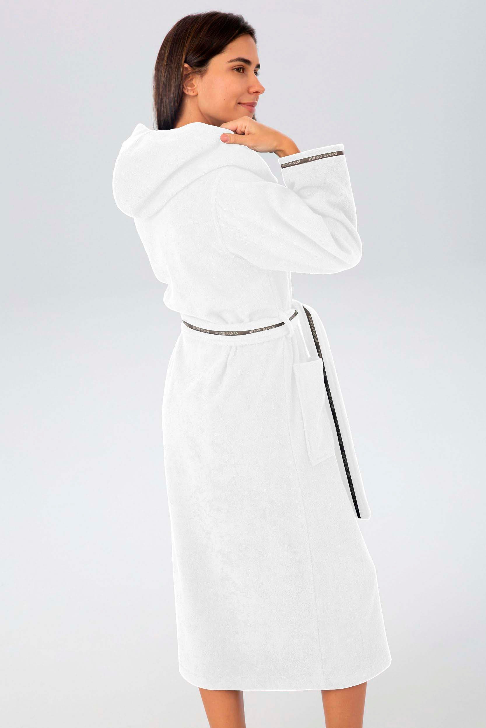 Bruno Banani Damenbademantel Danny, ideal für Sauna & Spa, Hotelbademantel, Morgenmantel, Langform, Walkfrottier, Kapuze, Gürtel, mit Logostreifen, aus 100% Baumwolle, XS-3XL