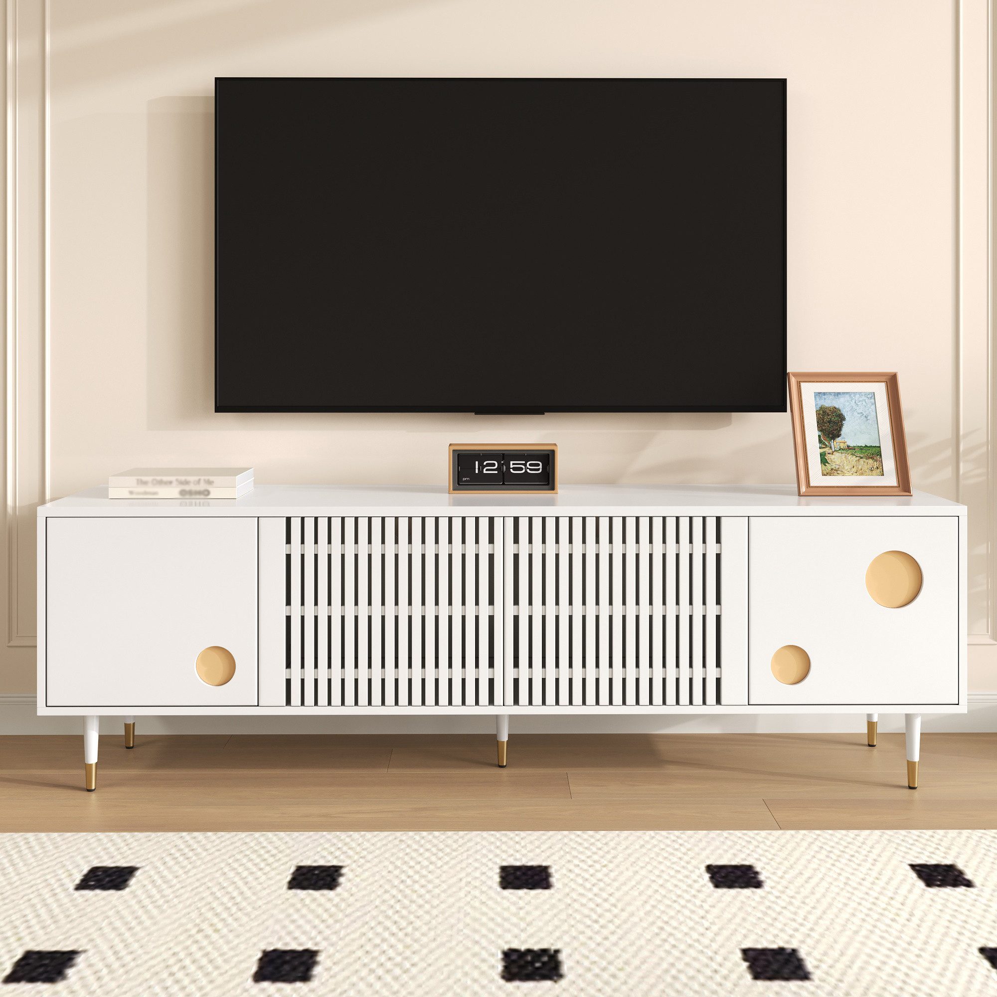 Merax Lowboard mit Goldakzenten (1 St., 170 L x 36 B x 54 H(cm), TV-Schrank mit 4 Türen,Kippschutz,Stauraum & verstellbare Metallfüße