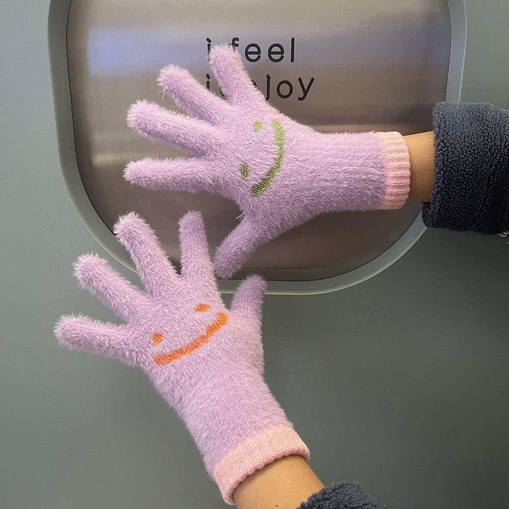 Buling Strickhandschuhe Cartoon Smiley Gesicht Finger warme Handschuhe (1 Paar) Dick gestrickte Handschuhe mit geteilten Fingern Lila